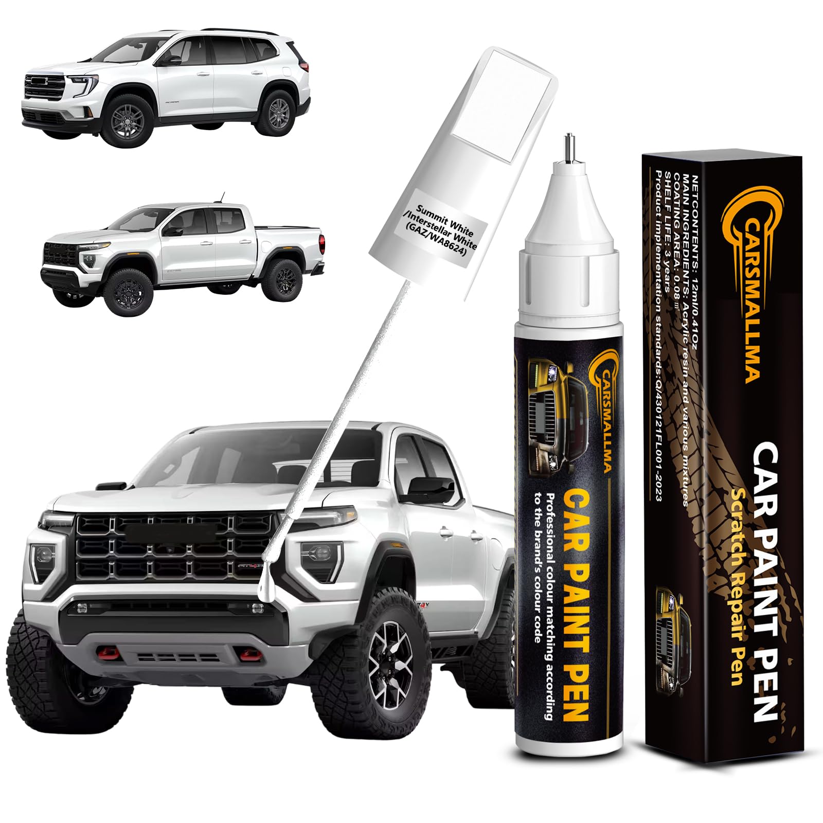 carsmallma Summit White/Interstellar White(GAZ/WA8624) Car Touch Up Paint for GMC, Color Accurate Car Paint Scratch Repair Pen K