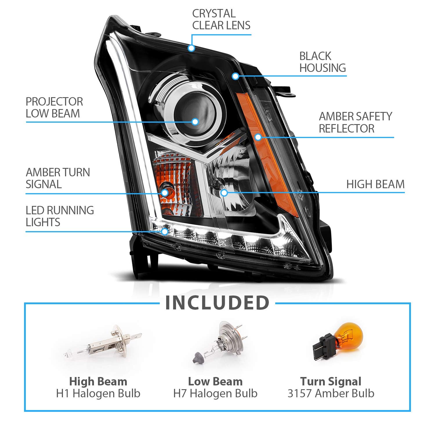 AmeriLite Black Projector Headlights Set for Cadillac SRX - LED Bar - Driver & Passenger Side