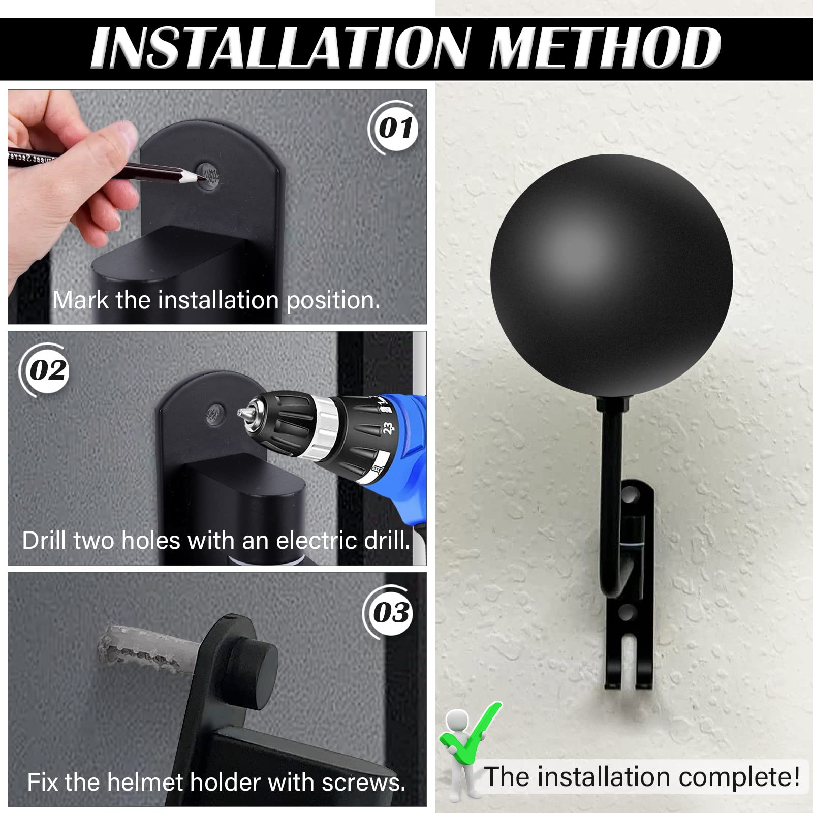 Kikerike Motorcycle Helmet Rack Wall Mount - 180° Rotation Metal Holder, Black, 2 Pcs, Ideal for Bike, Baseball & Rugby Helmets