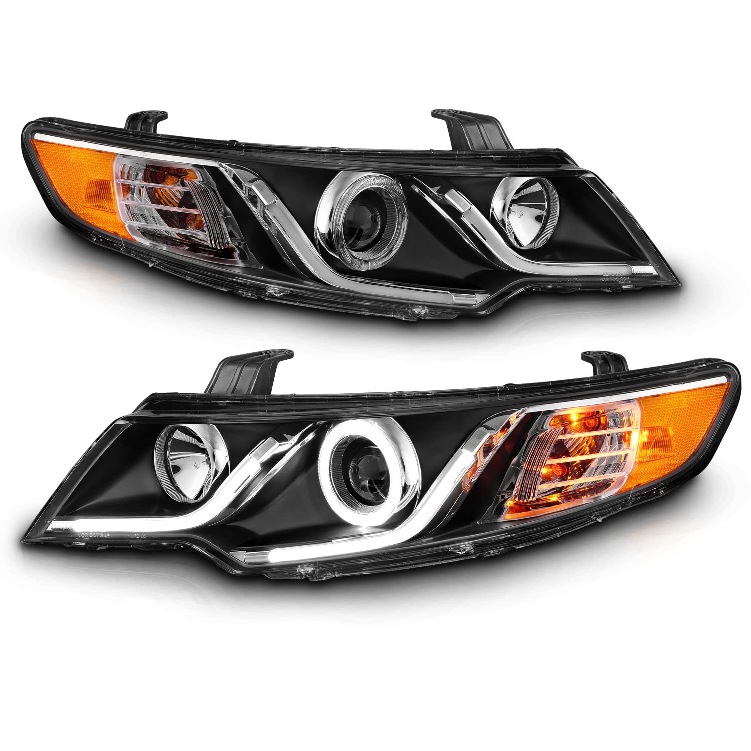 AmeriLite Dual LED Halo Black Projector Headlights for 2010-2013 Forte Koup - Driver & Passenger Side Replacement Pair
