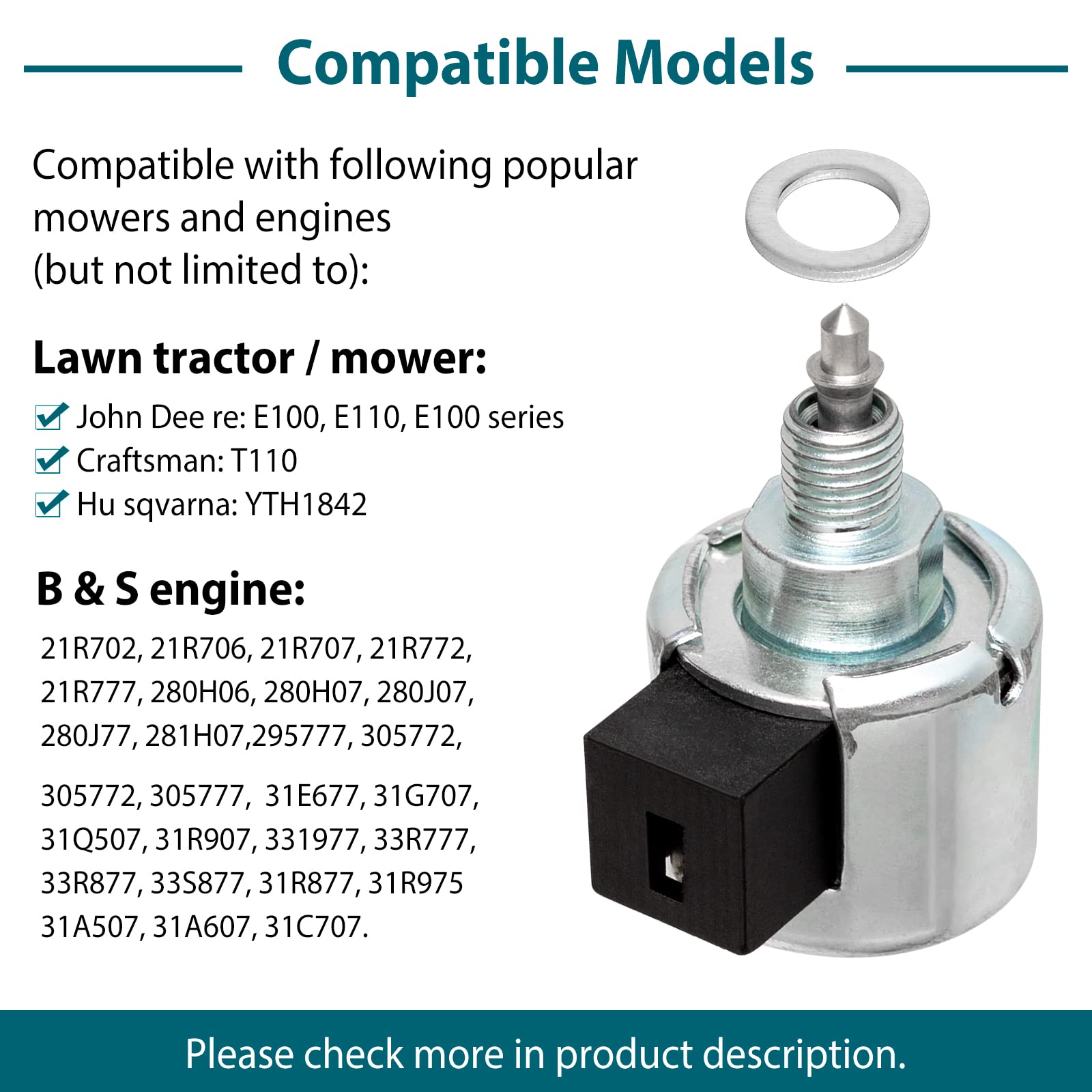 CLSR2U Fuel Shut-Off Solenoid 846639 for B&S Engine, Stainless Steel, Silver, Compatible with John Deere, Husqvarna, Craftsman Mowers