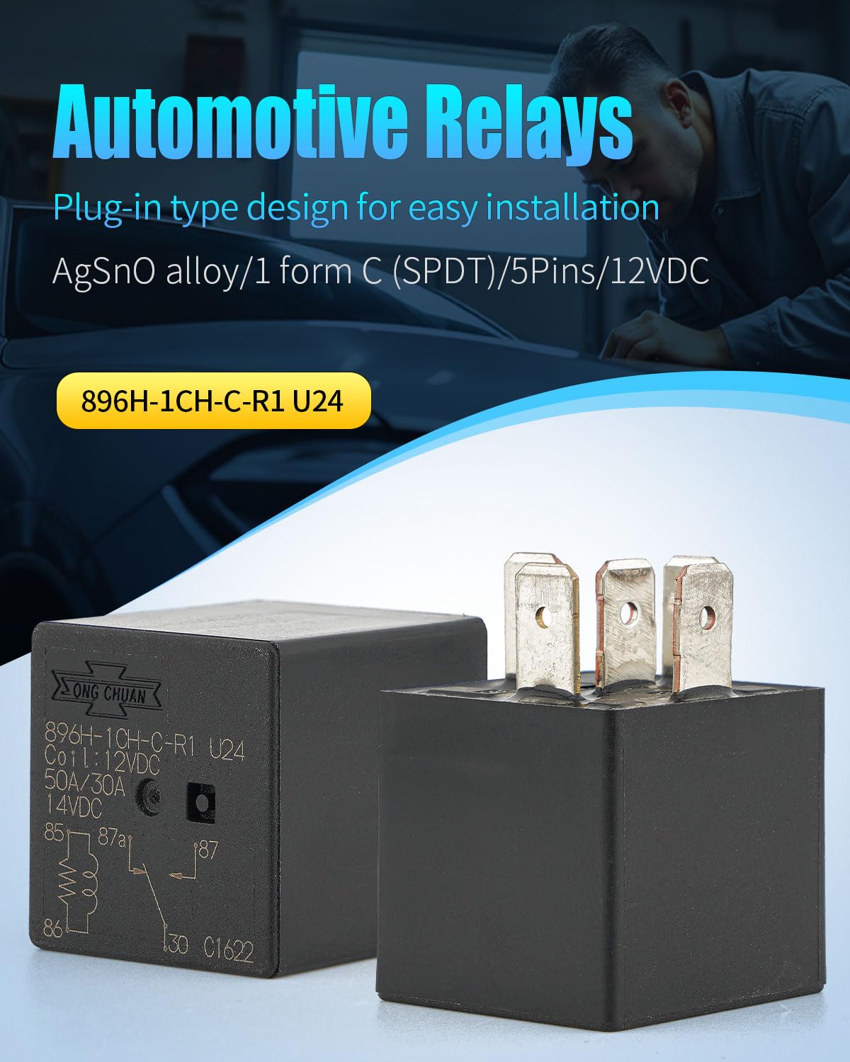 896H-1CH-C-R1 U24 12VDC 50A Automotive Power Relay with 5 Pins SPDT Flux Tight