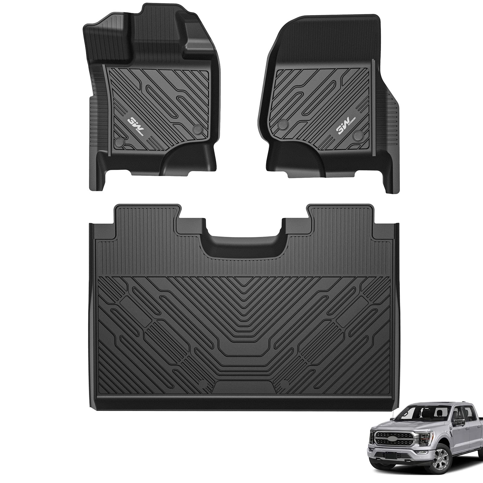 3W Custom Fit Floor Mats for Ford F150 SuperCrew 2015-2024, TPE All Weather, Black, Model ZY1051601-1-1-2, Easy Cleaning