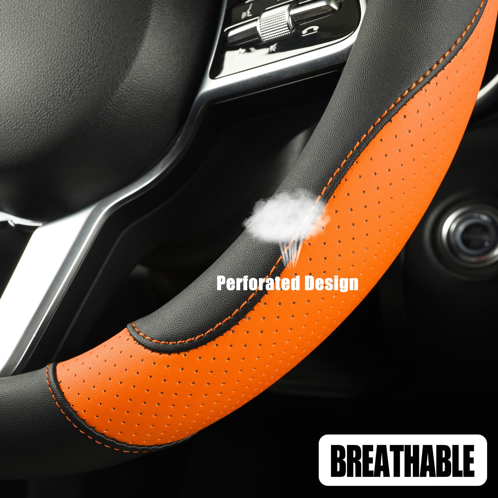 Binsheo Leather Steering Wheel Cover - Breathable, Anti-Slip, Black/Orange, Round-Middle (14.5''-15'') - Model BI-TQDKPGFXPT-BL