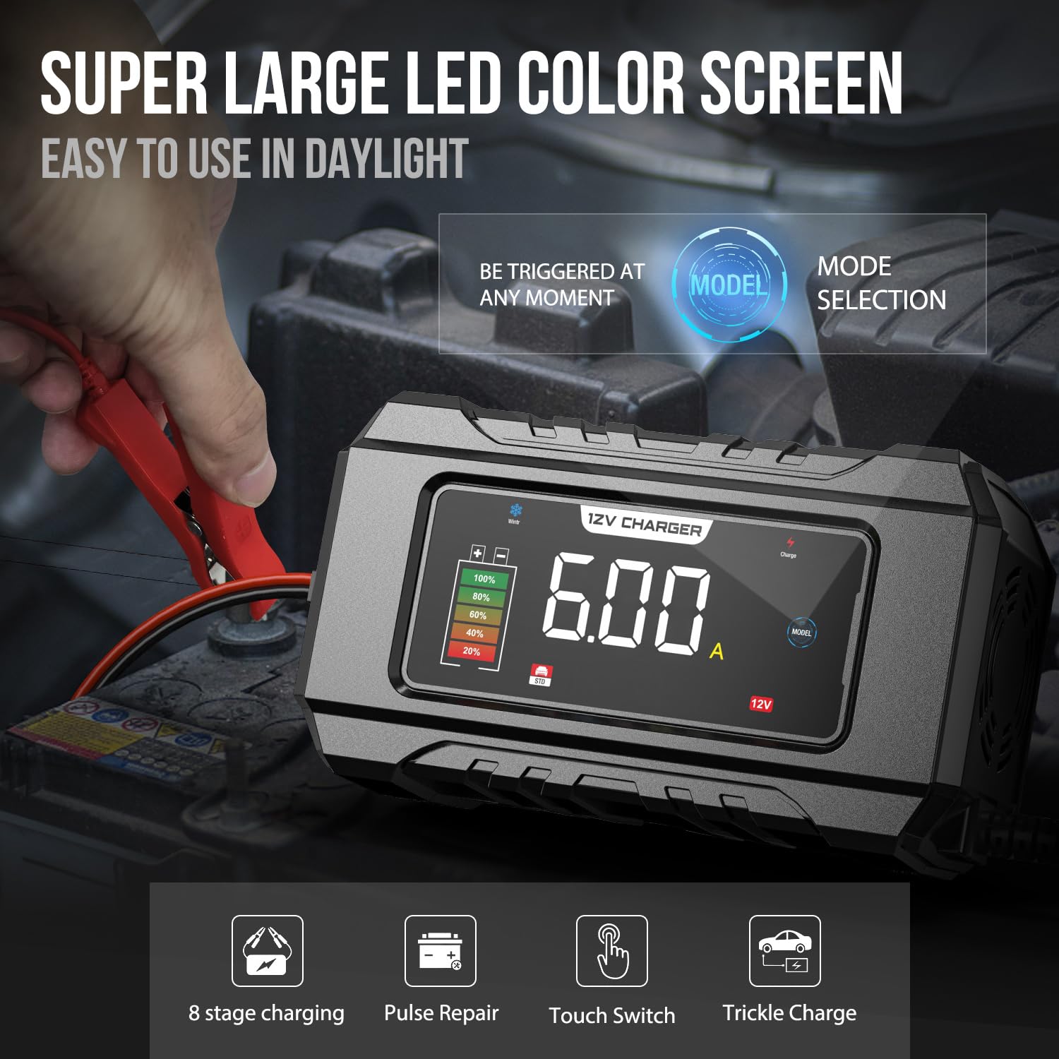 Nexpeak Nc101 Pro 6-Amp Battery Charger, 12V Smart Car Battery Trickle Charger Portable 8-Stage Automotive Battery Charger Maint