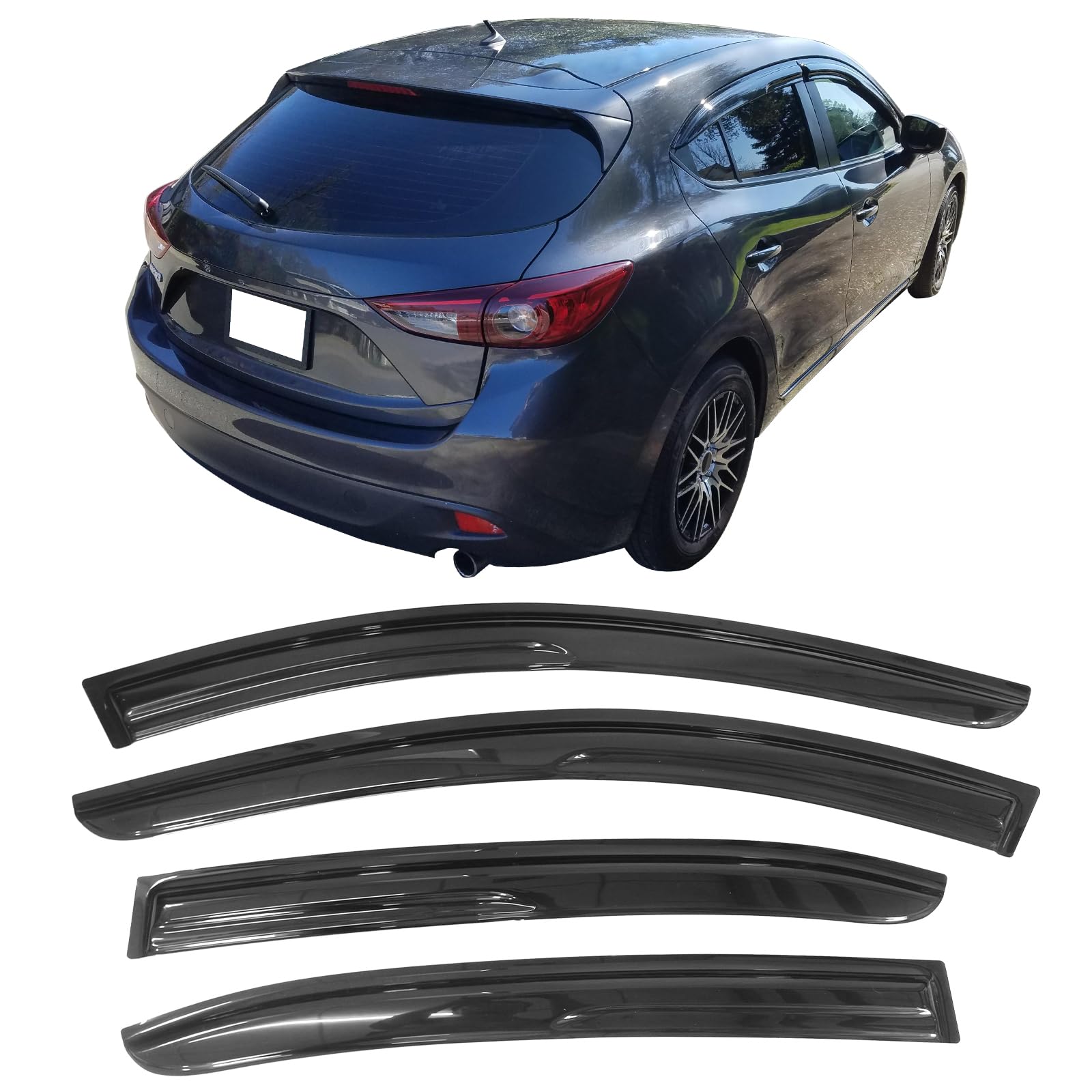 Window Visors Compatible With 2014-2019 Mazda 3 Sedan Hatchback, Smoked Aero Jdm Deflectors Stick On Sun Rain Wind Window Guards