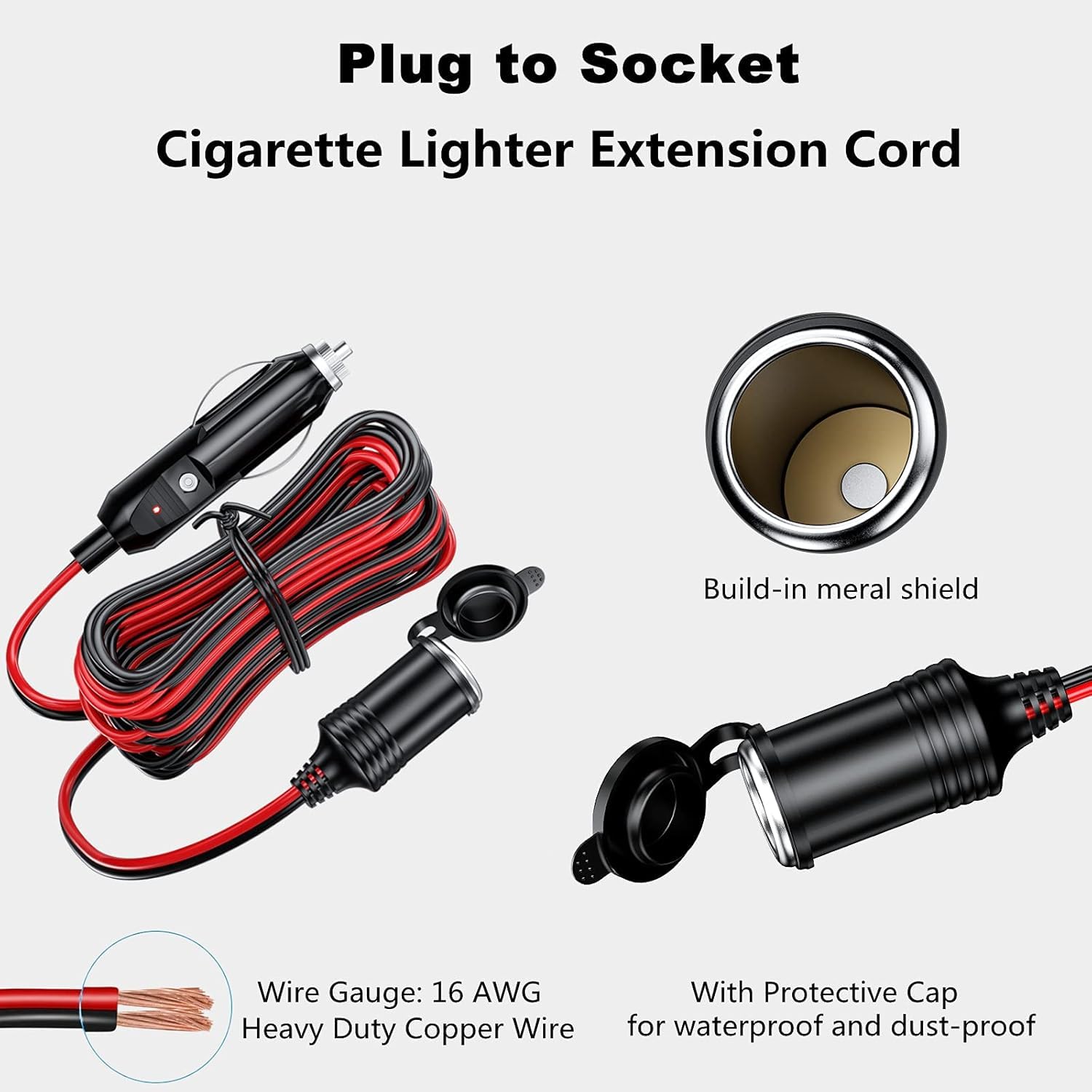 KEWIG 12/24V Car Cigarette Lighter Extension Cord - 26FT Cigarette Lighter Plug Cable- 16AWG Heavy Duty Extension Cable with 15A