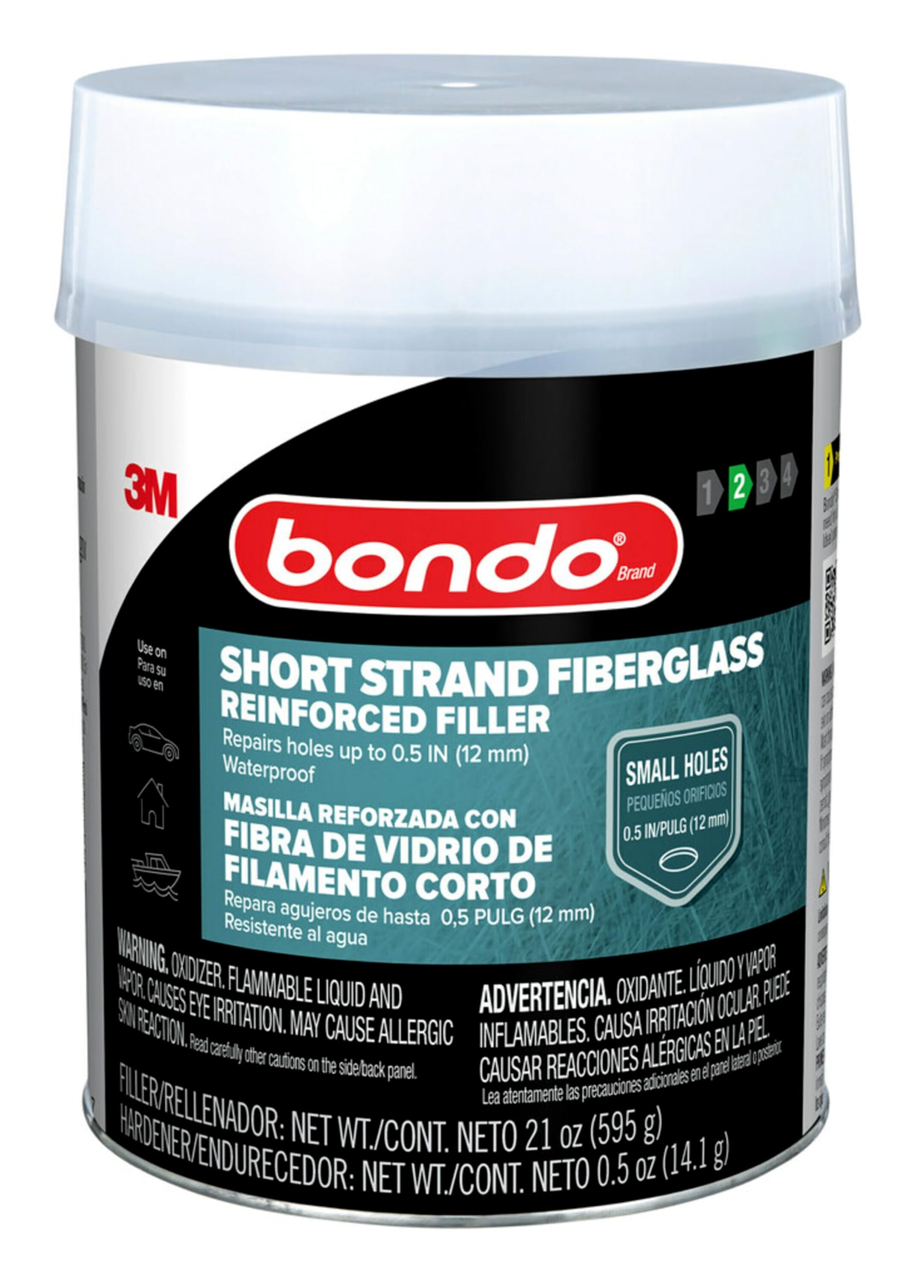 3M Bondo Short Strand Fiberglass Reinforced Filler 1.37 LB (621 g) with Bondo Cream Hardener 0.5 oz (14g), Repair Holes Up To 0.