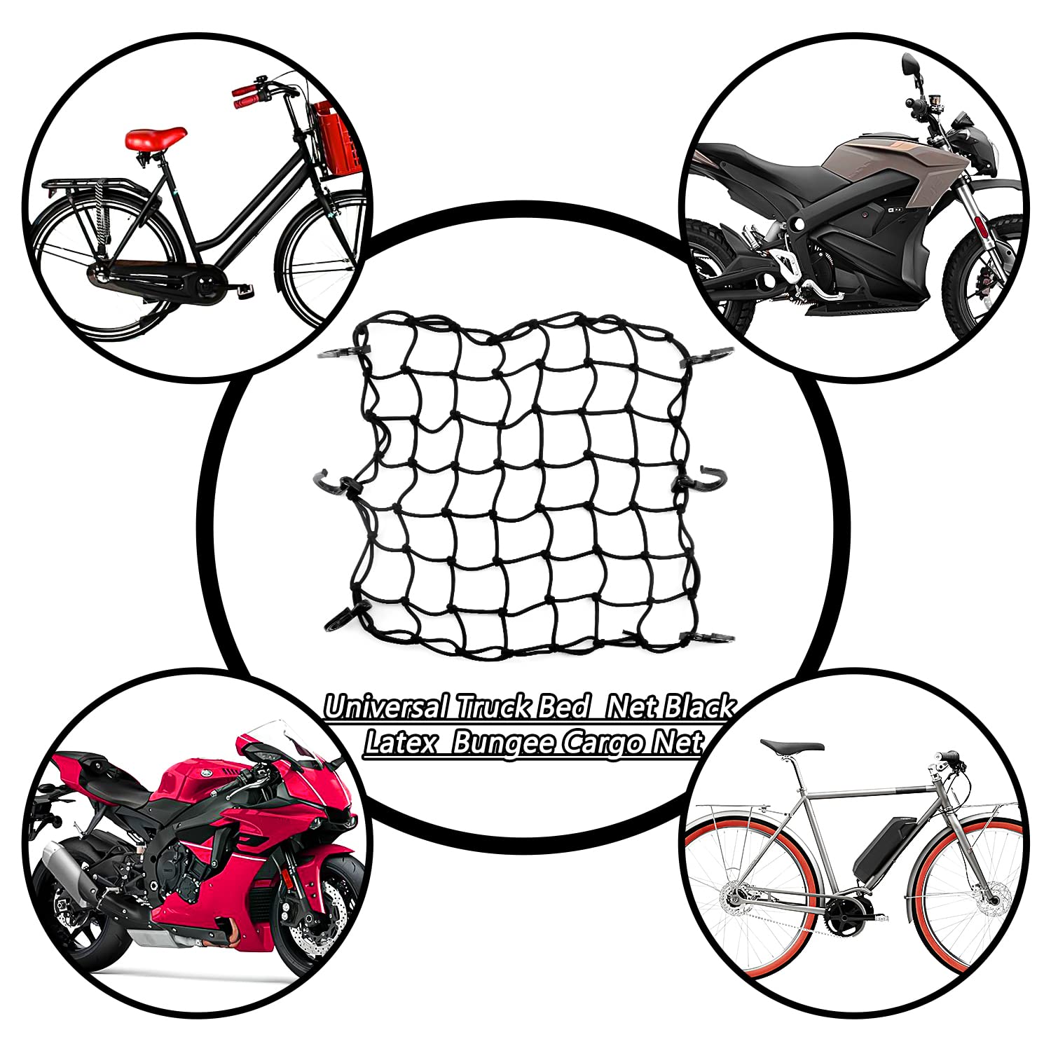 15''X15'' Universal Truck Bed Net Black Latex Bungee Cargo Net Extends To 30''X30'' With 6 Adjustable Hooks & Tight 2''X2'' Mesh