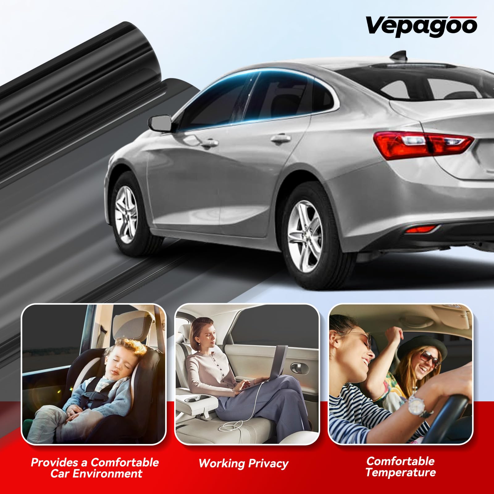 Vepagoo Nano Ceramic Car Window Tint Film 5% Vlt- 20'' In 10'Ft Privacy Window Tint, Blocks Uv/Ir Rays, Heat & Glare - Scratch R