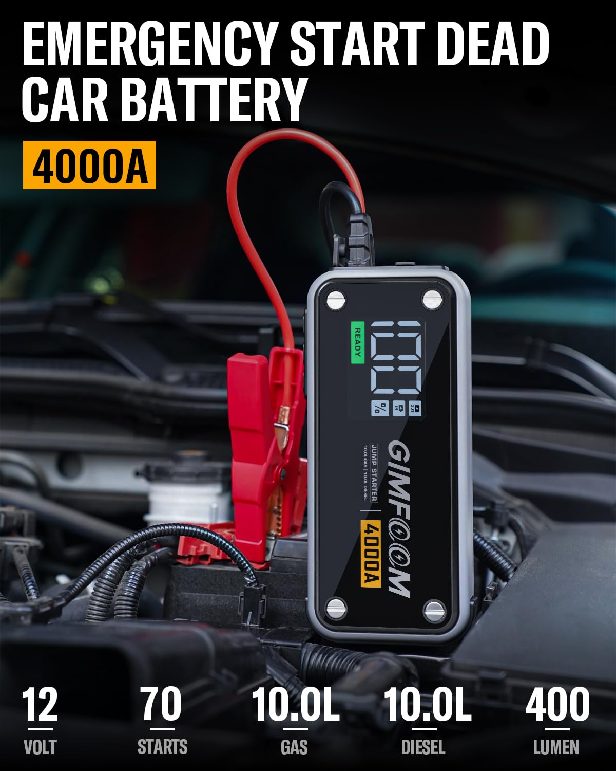 GIMFOOM 4000A Car Battery Jump Starter for 10L Gas & Diesel Engines, 12V with Smart Display & 400 Lumens LED Light, Gray