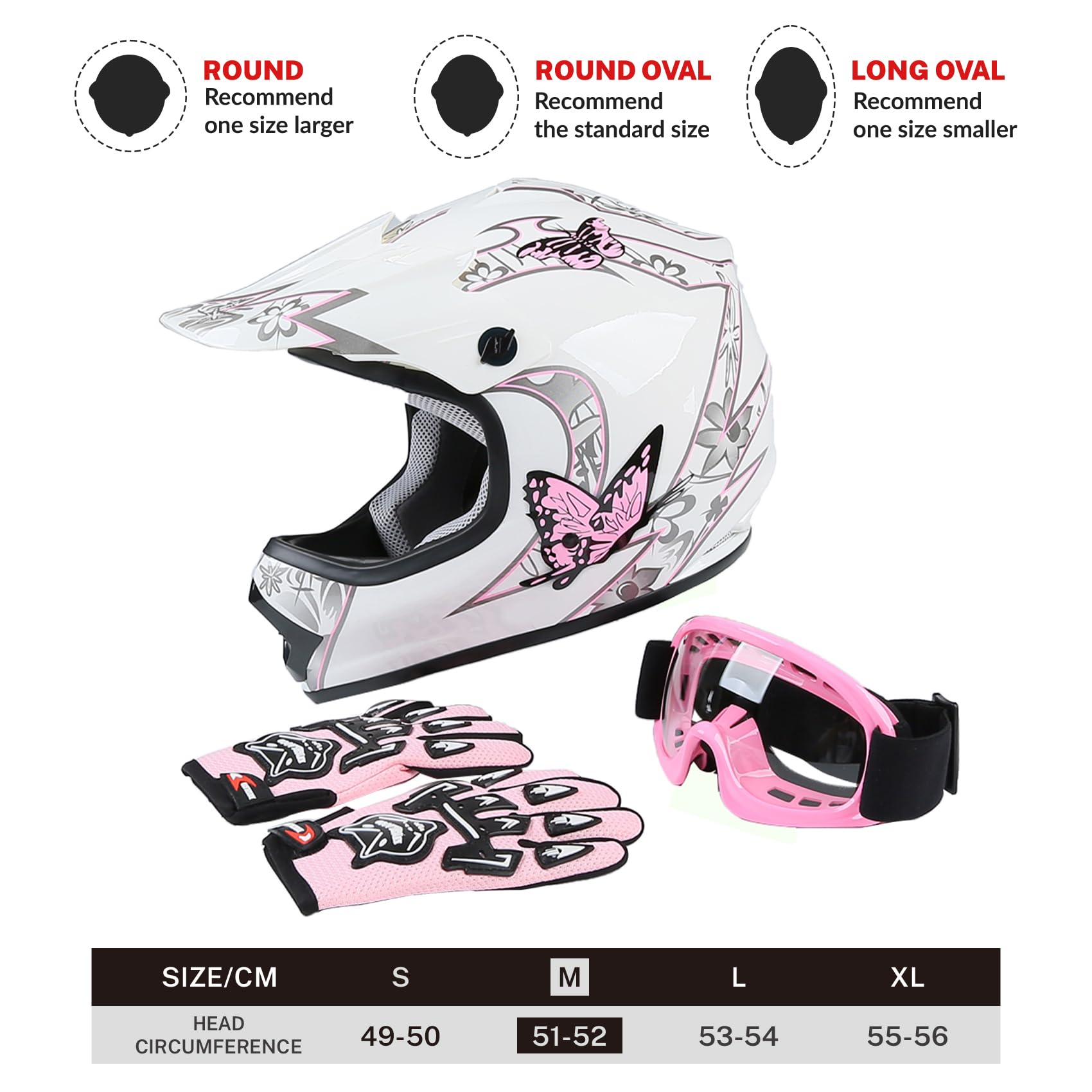 SLMOTO Youth Motocross Helmet, Medium, Pink Butterfly Design, Includes Goggles & Gloves, Durable ABS Material