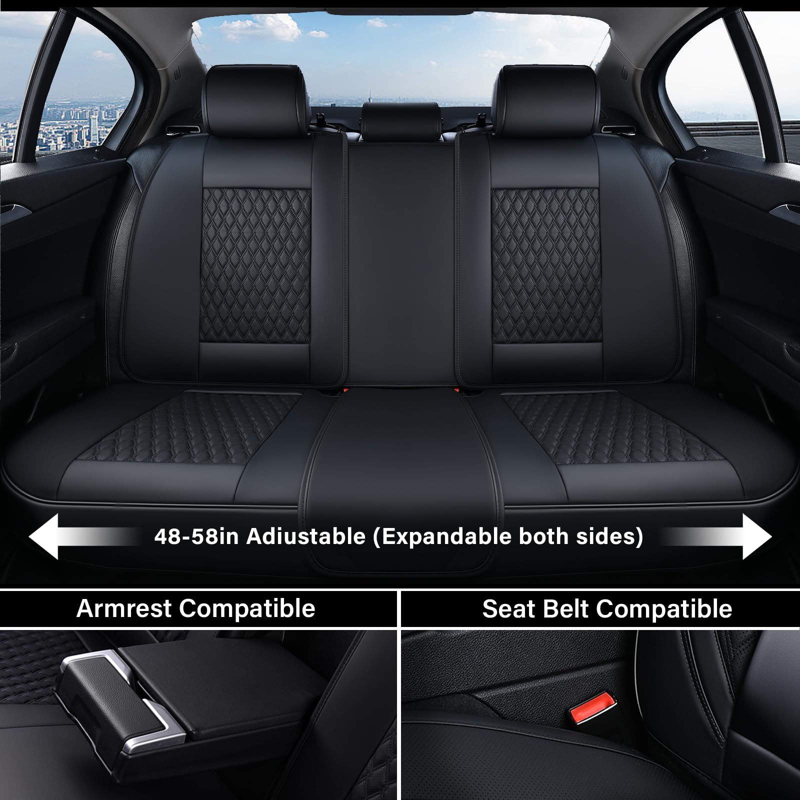 Coverado Car Seat Covers Full Set, Black Seat Covers for Car with Lumbar Support, Nappa Leather Seat Covers Waterproof Car Seat