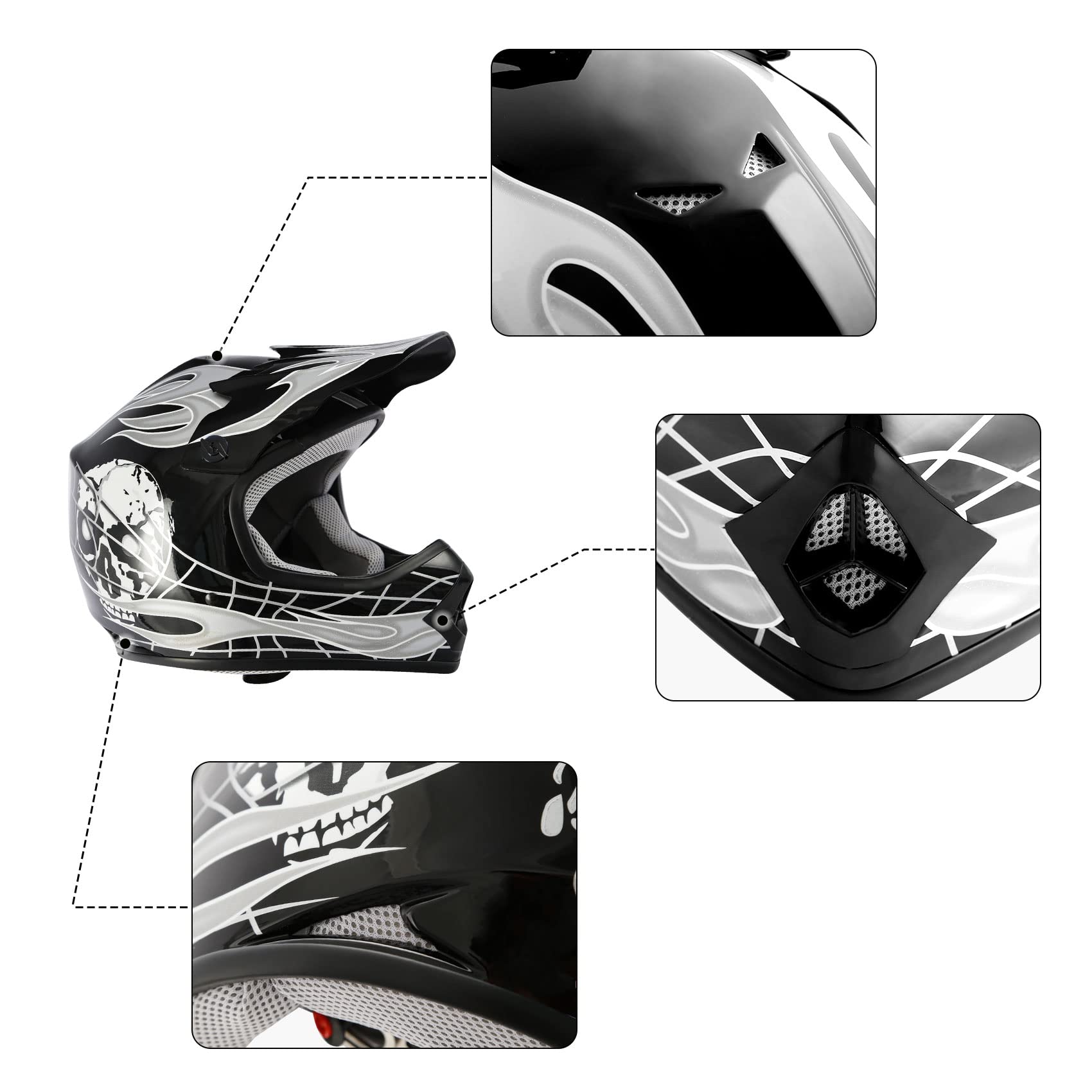 Tcmt Dot Youth & Kids Motocross Offroad Street Helmet Black Skull Motorcycle Youth Helmet Dirt Bike Motocross Atv Helmet+Goggles