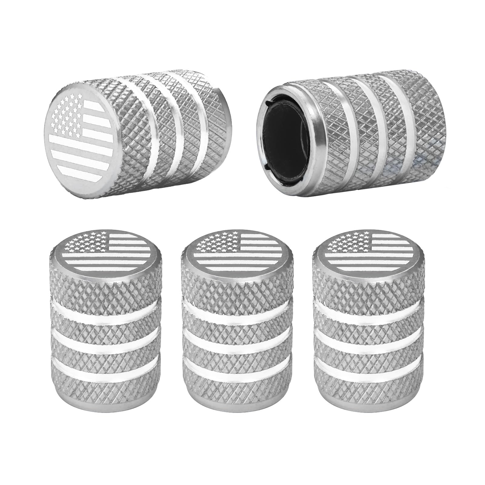 Tire Valve Stem Caps 5 pcs,Silver American Flag, Aluminum Alloy,Anodized Aluminum Tire Valve Cap Universal Fit for Cars/Motorcyc