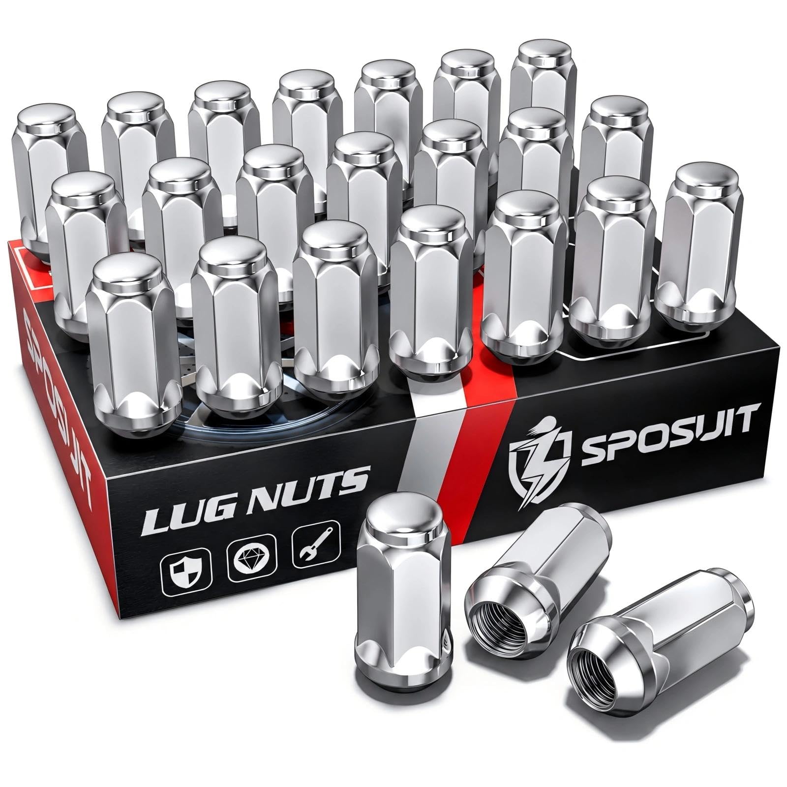 Sposuit M14x1.5 Lug Nuts - Replacement for Jeep, Chevrolet, Ford, GMC - Closed End Chrome Lug Nut(24 Pcs)