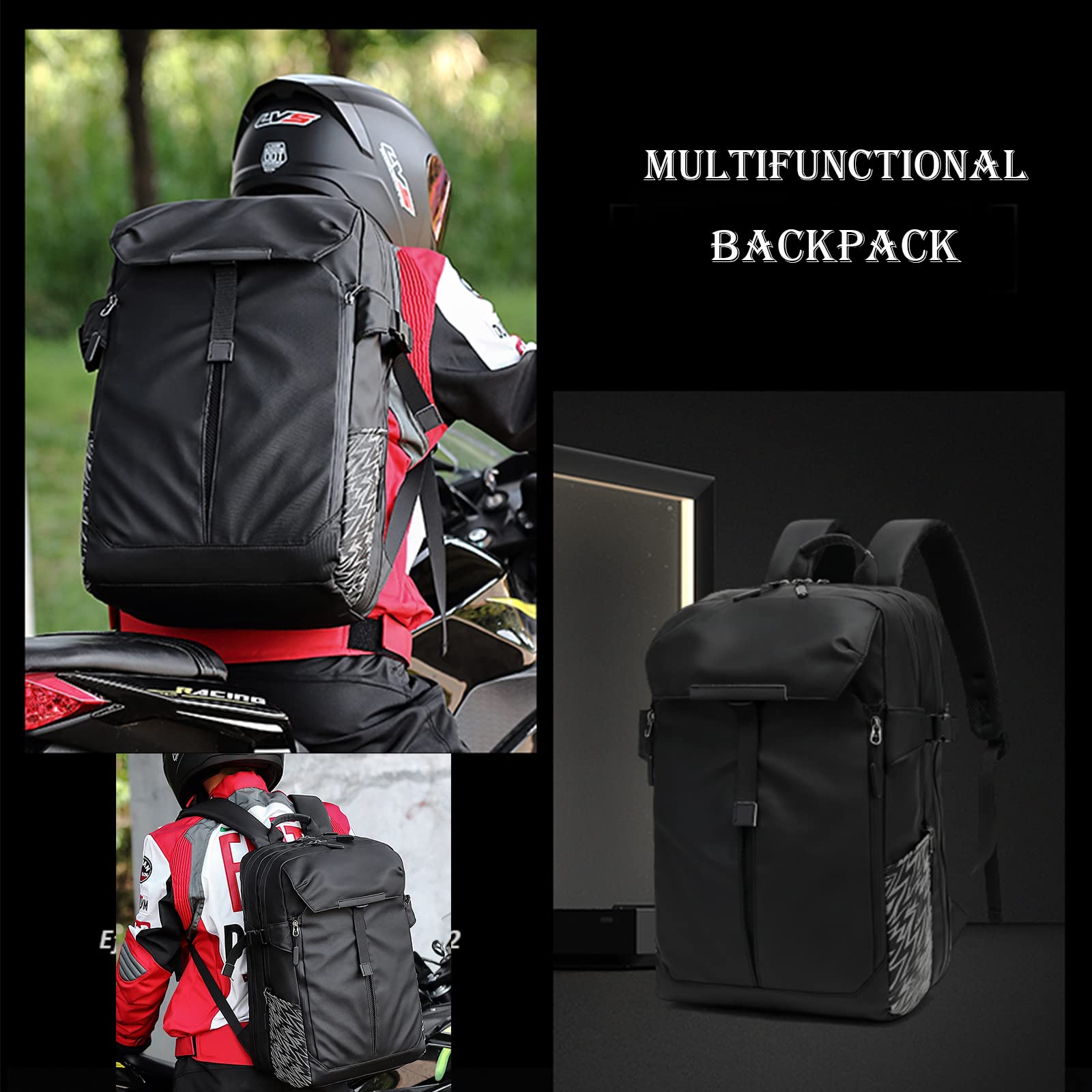 MIHUNTER Motorcycle Backpack - Waterproof Nylon, 17" Laptop Compartment, Adjustable Helmet Holder, Large, Reflective, Model Holder01