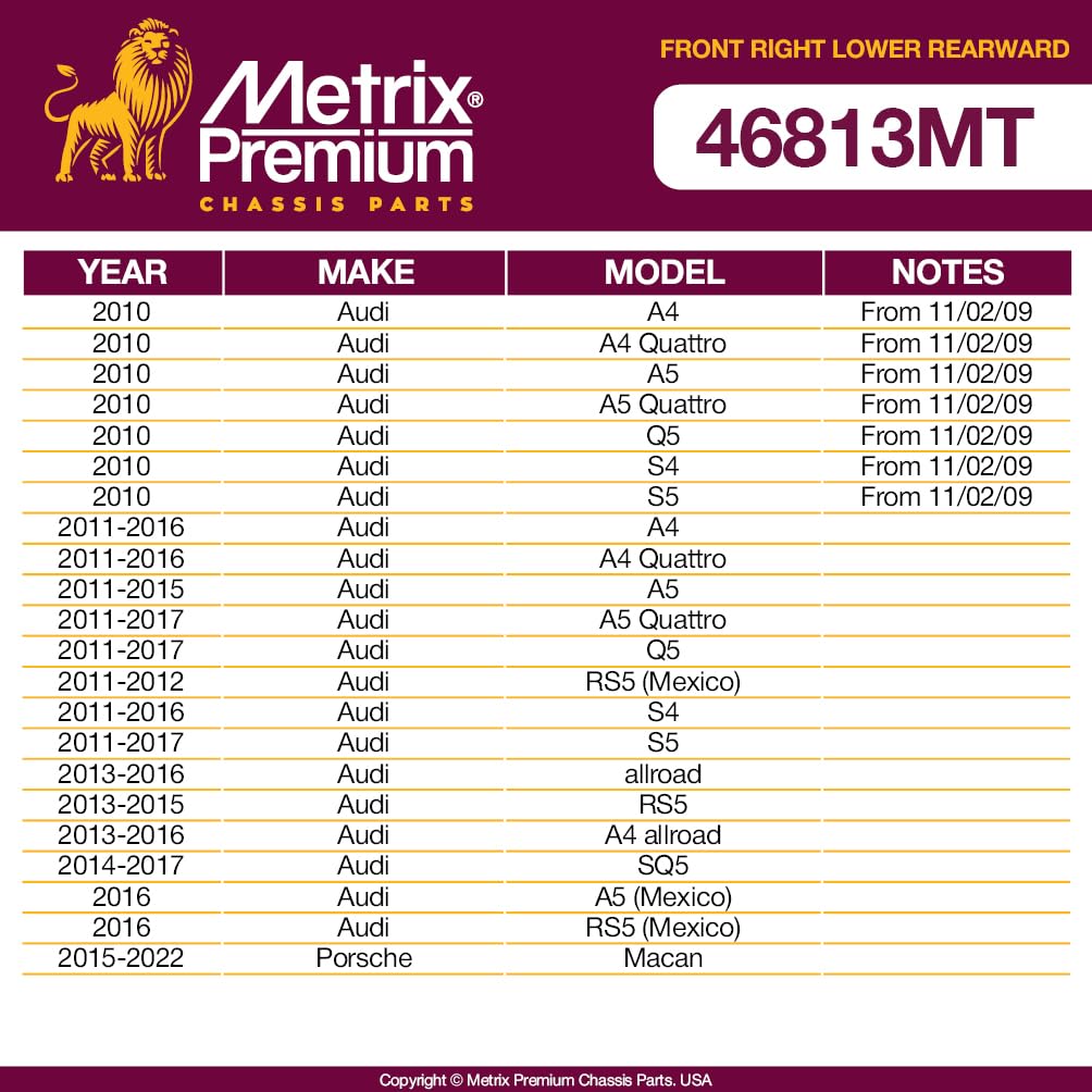 Metrix Premium Chassis Parts - Front Right Lower Rearward Control Arm W Ball Joint & Bushing Assembly Fits 11-16 Audi A4, A4 Qua