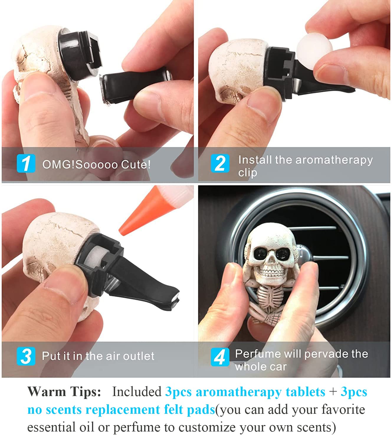 Cool Skull Car Decor For Car Truck Air Fresheners Vent Clips, Car Scent Freshener Things, Goth Automotive Interior Aesthetic Dec