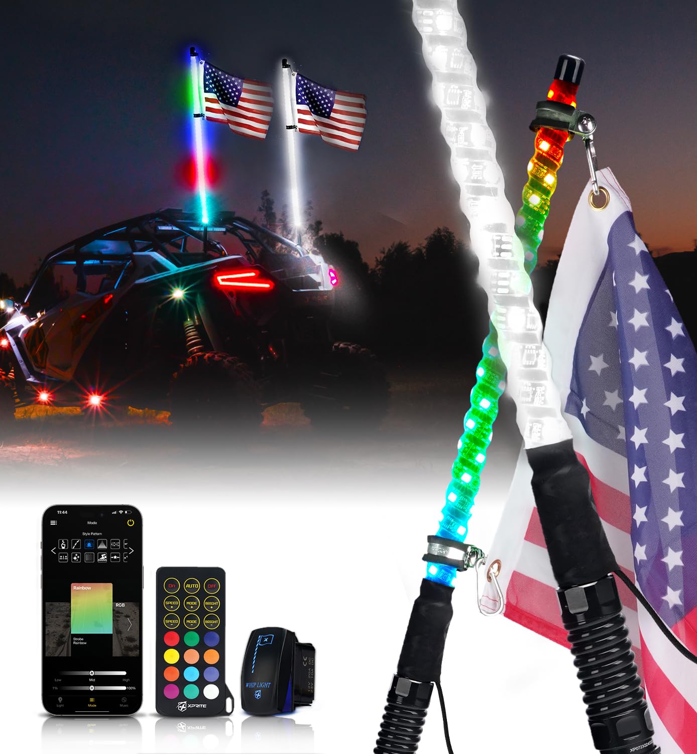 Xprite 2PC 3FT RGBW LED Whip Light with Spring Base, App & Remote Control Stop Turn Reverse Brake Lights Chasing Antenna Lighted