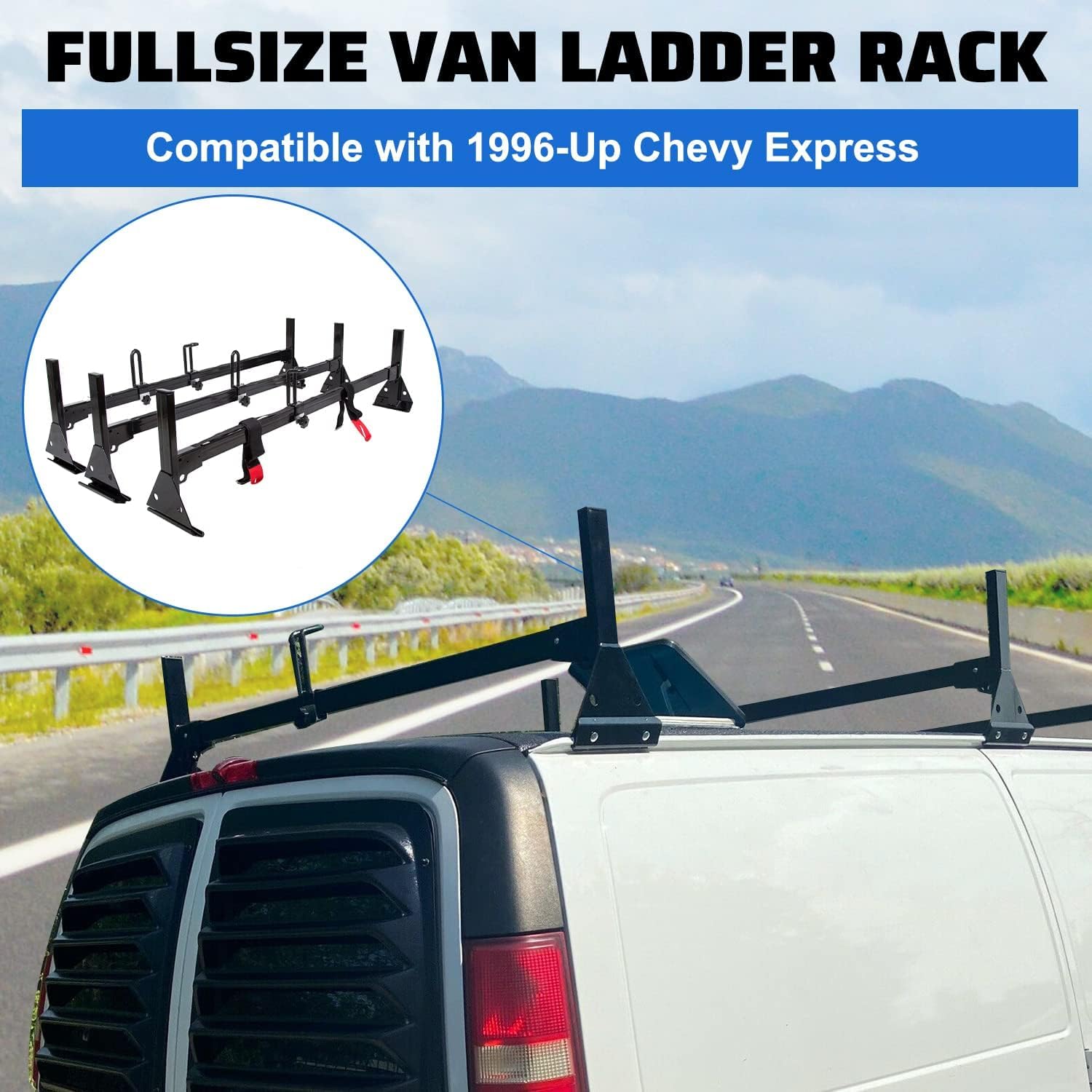 ECOTRIC 3 Bar Roof Ladder Racks, 59" Alloy Steel, Black, Compatible with 1996-Up Chevy Express, 800 LBS Capacity