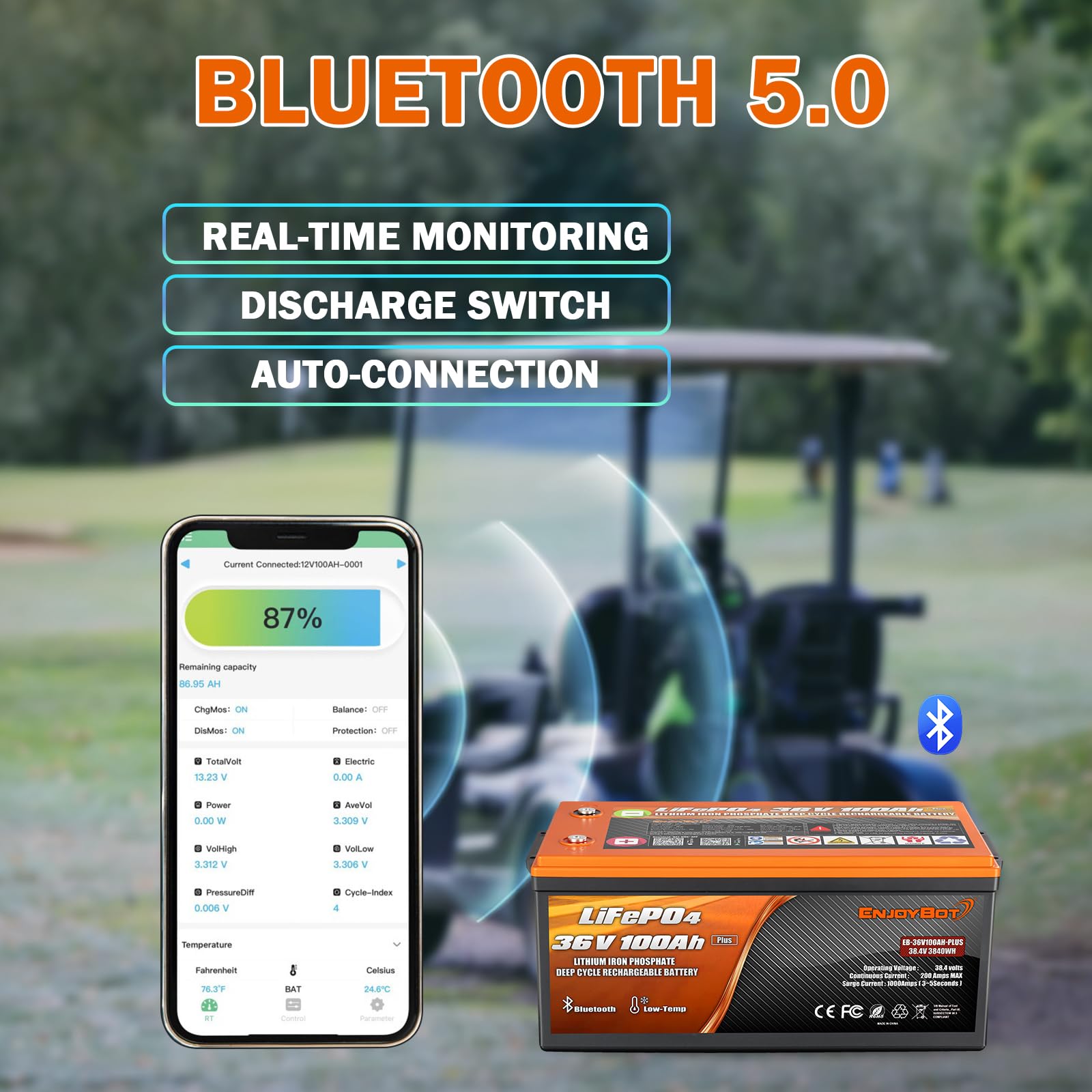 Enjoybot 36V 100Ah Plus LiFePO4 Lithium Battery with 200A BMS, Bluetooth, 2 Series Support, Low Temp Cut-Off, Ideal for Golf Cart/RV