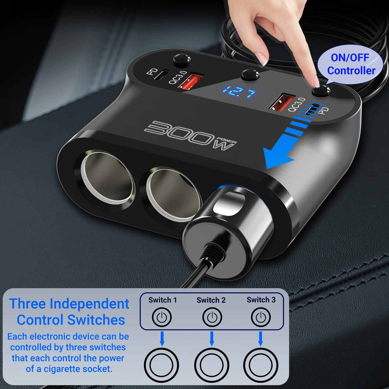 Ouffun 7 in 1 Cigarette Lighter Adapter, 300W 3 Socket Car Charger with Dual PD USB C 30W, QC3.0 18W, LED Voltage