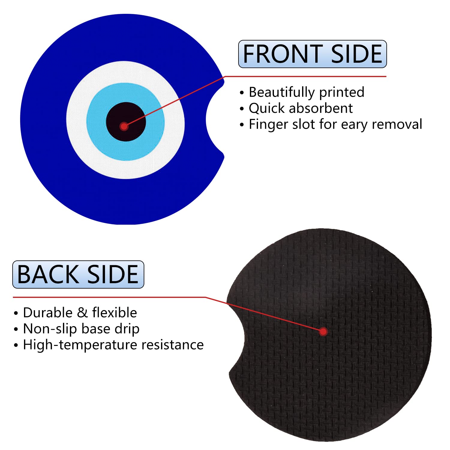 Car Cupholder Coaster Absorbent 2 Pack Trendy Evil Eye Design Rubber Blue New Automotive Cup Holder Decal Decor Accessories For Women Men Bd369