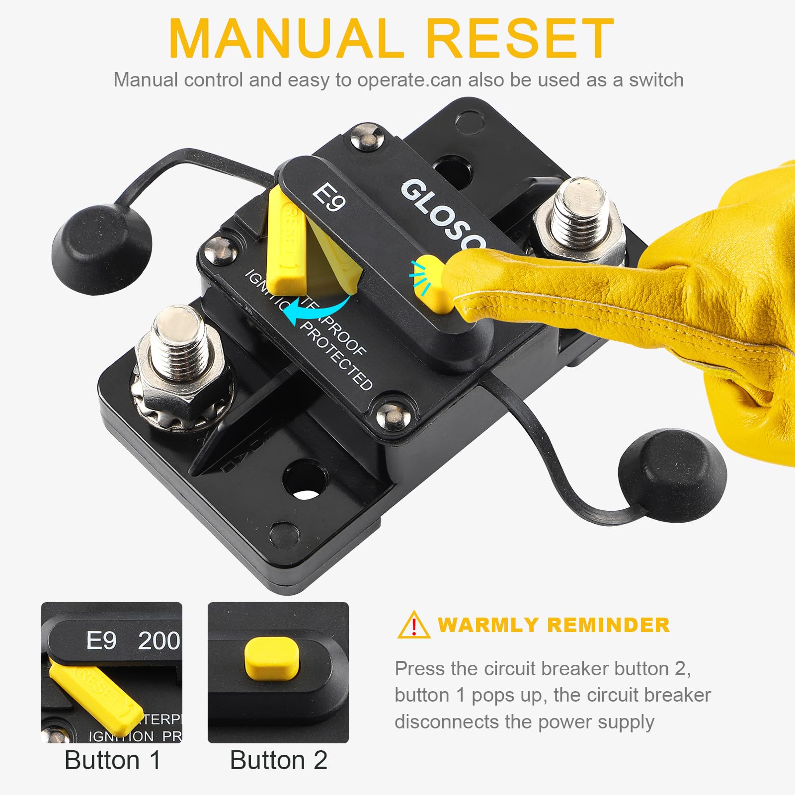 Gloso Circuit Breaker E93 200A Breaker Extended Surface Mount 3/8 Diagonal Stud Waterproof Ip67 Marine Rv Truck Hi-Amp (200A)