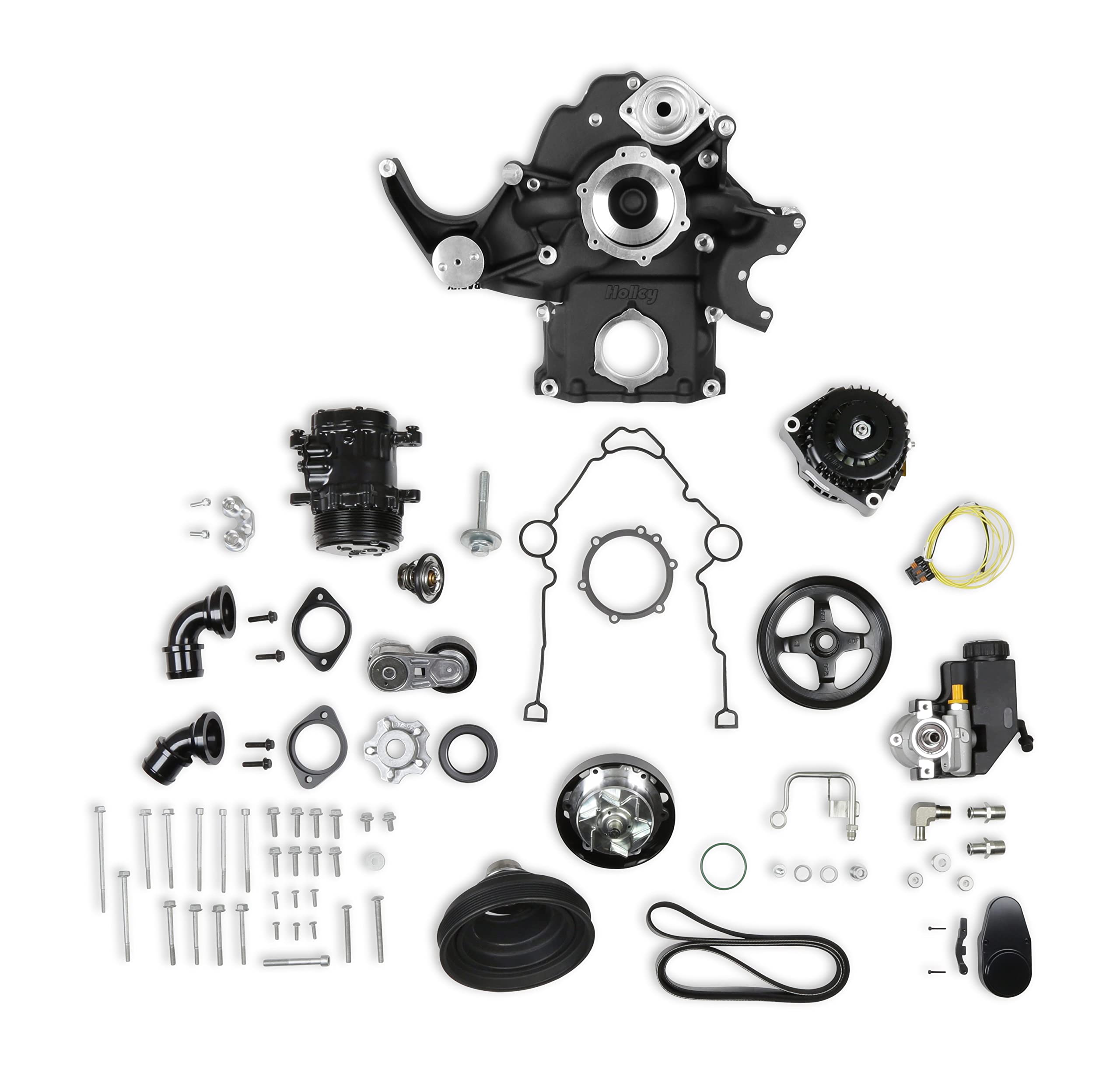 Holley 20-291Bk Complete Front Accessory System - Mid-Mount - Black Cast Finish