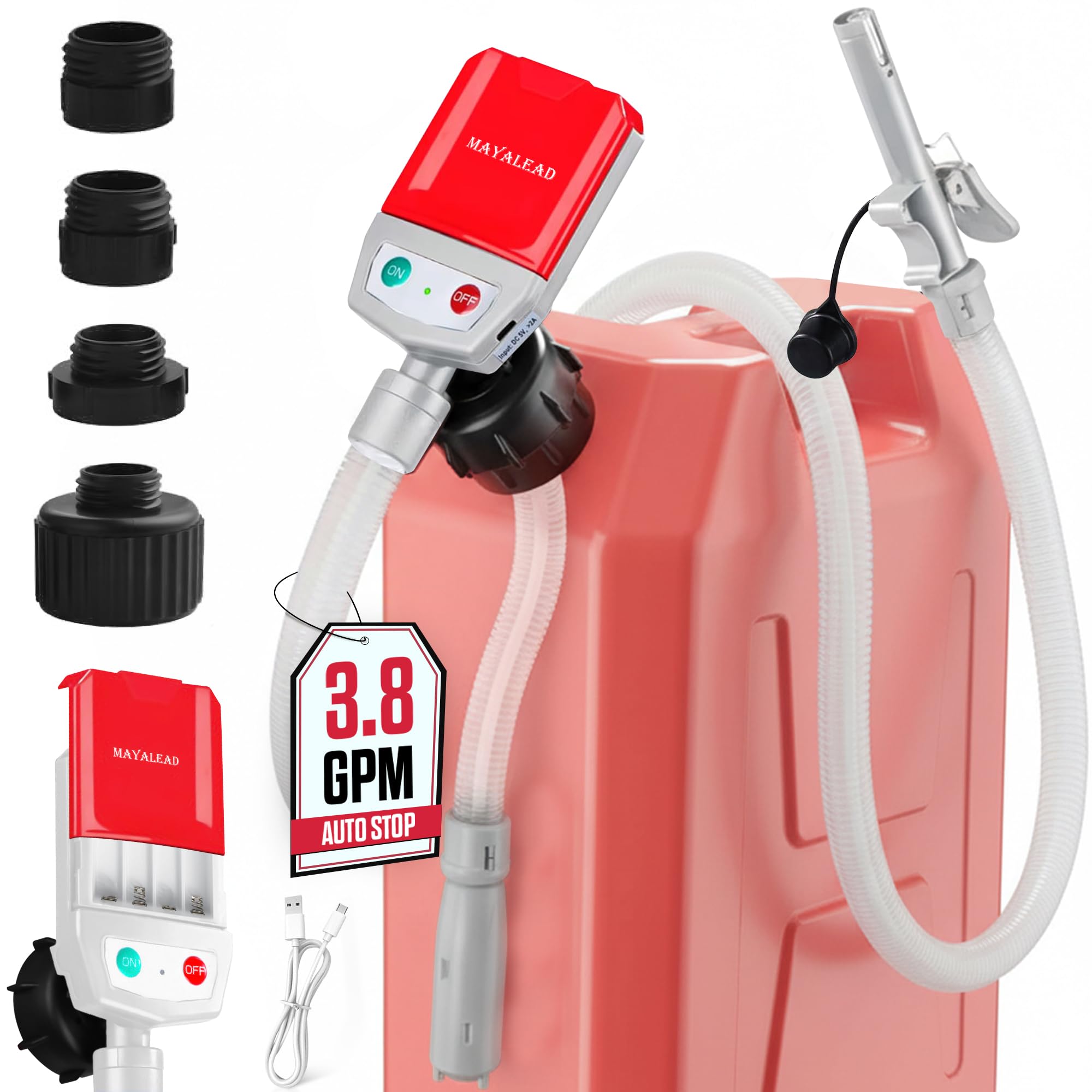 MAYALEAD Automatic Electric Fuel Transfer Pump, 3.8 GPM Portable Gas Can Pump, 51 Extra Long Hose, Battery or USB Powered, 4 Siz