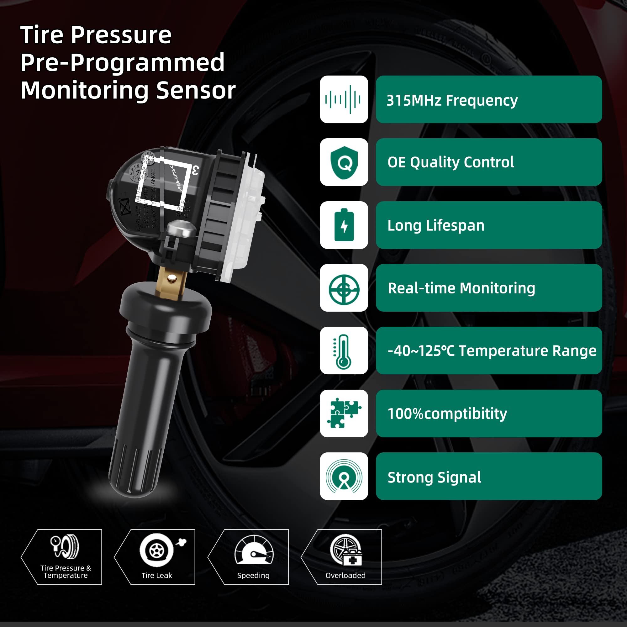 Tpms Sensor, 315Mhz 13598772 Tire Pressure Monitor System For Gm| Gmc | Chevy | Buick | Cadillac Replace#13598771,13586335,13581558,20923680