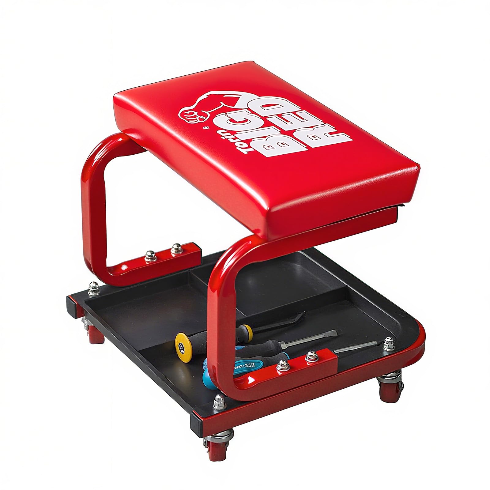 Big RED 250lb Red Rolling Automotive Creeper Garage/Shop Seat: Padded Mechanic Stool with Tool Large Tray Suitable for garages, 
