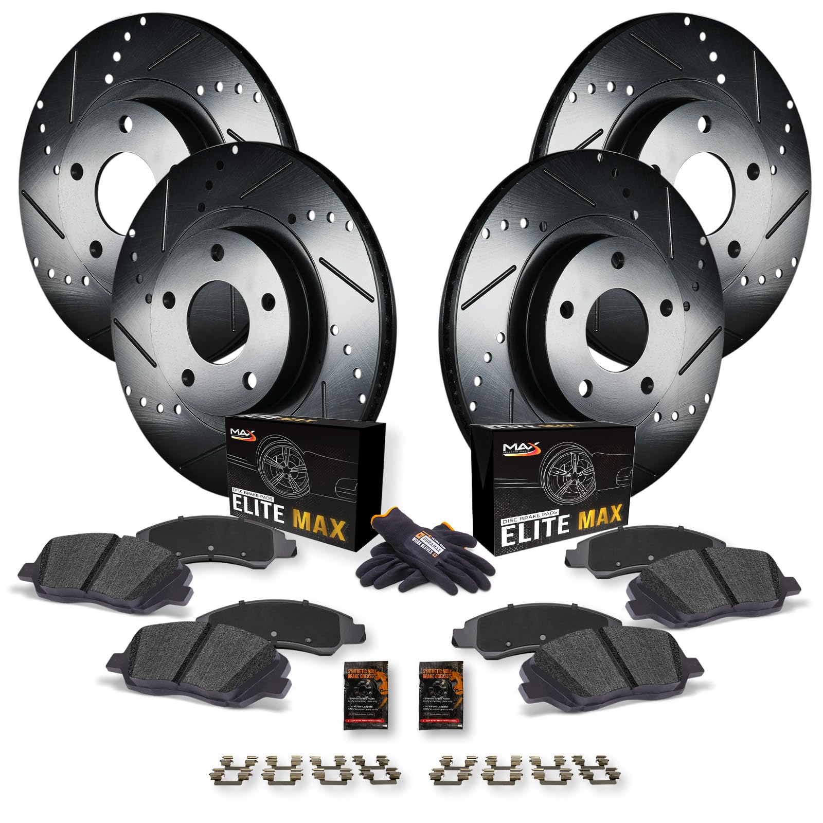 Max Advanced Brakes Front & Rear Brake Kit For 2006-2018 Toyota Rav4 W/10.83' Front Rotor Exc 3Rd Row Seating Replacement Drilled Slotted Black Coated Disc Brake Rotors And Ceramic Brake Pads