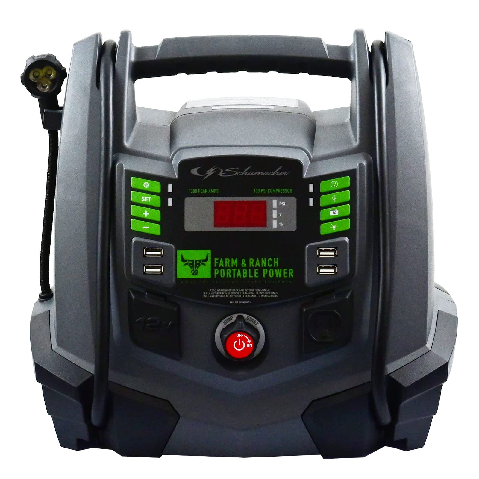 Schumacher Electric FR01337 Rechargeable AGM Jump Starter - 1200A, Air Compressor, 12V USB/AC Power Station for Gas & Diesel Vehicles