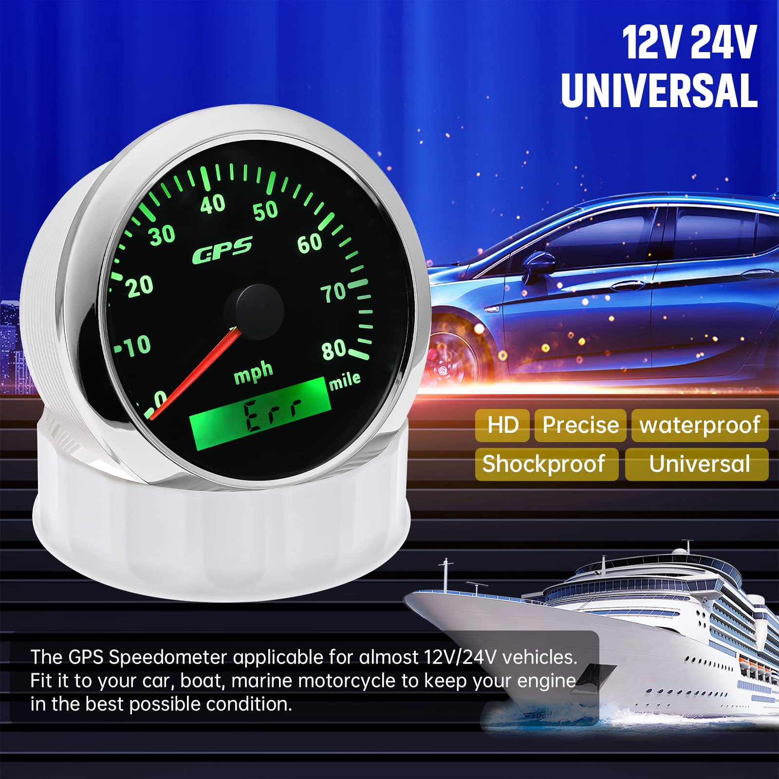Artilaura Gps Speedometer Boat 85Mm 3-3/8'' Digital Odometer 80Mph Speed Gauge 7 Color For Auto Car Marine Truck Waterproof 9-32