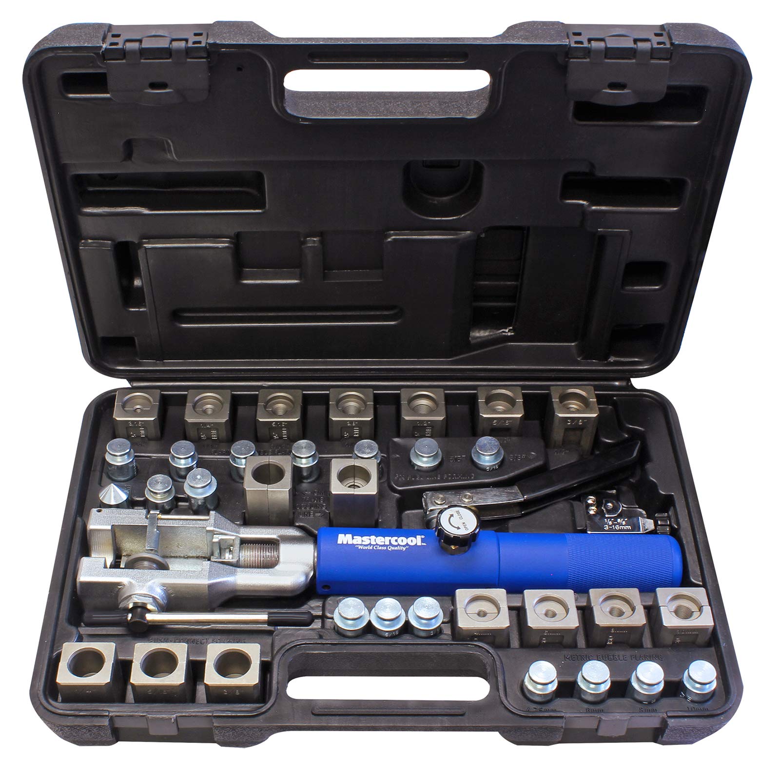 MASTERCOOL 72485-PRC Universal Hydraulic Flaring Tool Set (Includes 3/8 and 1/2 Transmission Cooling Line Die and Adapter Sets) 