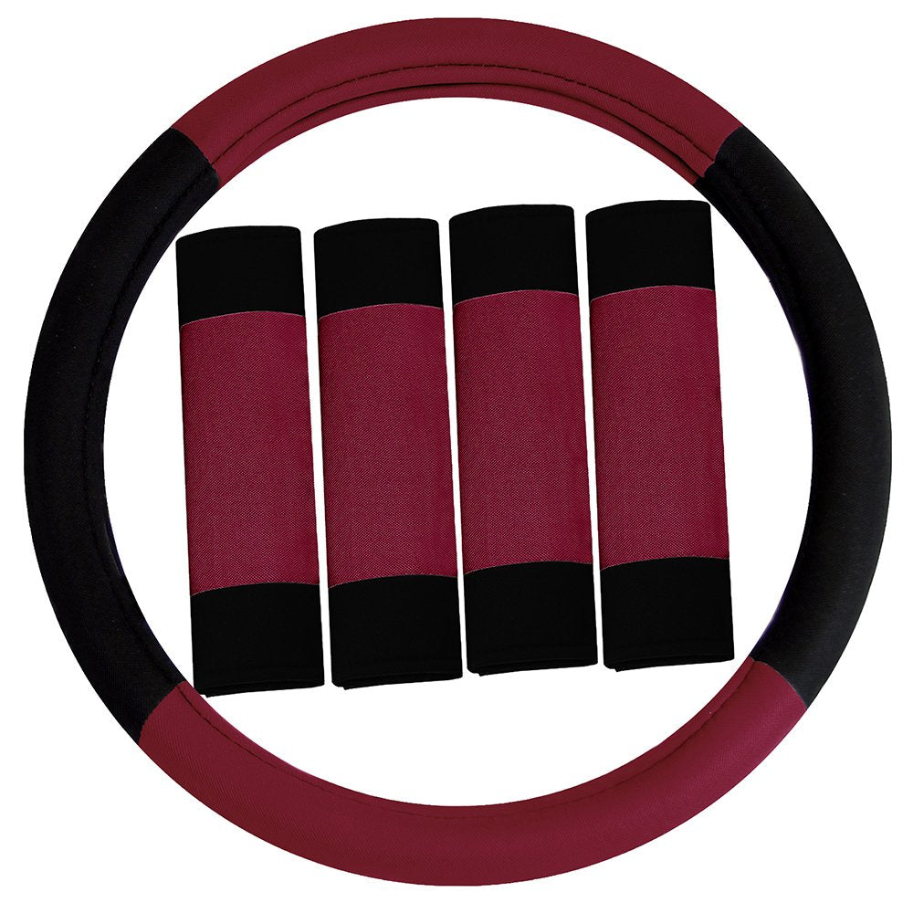 FH Group Universal Fit Modernistic and Seat Belt Pads Combo Set Steering Wheel Cover Fits Most Cars, SUVs Burgundy