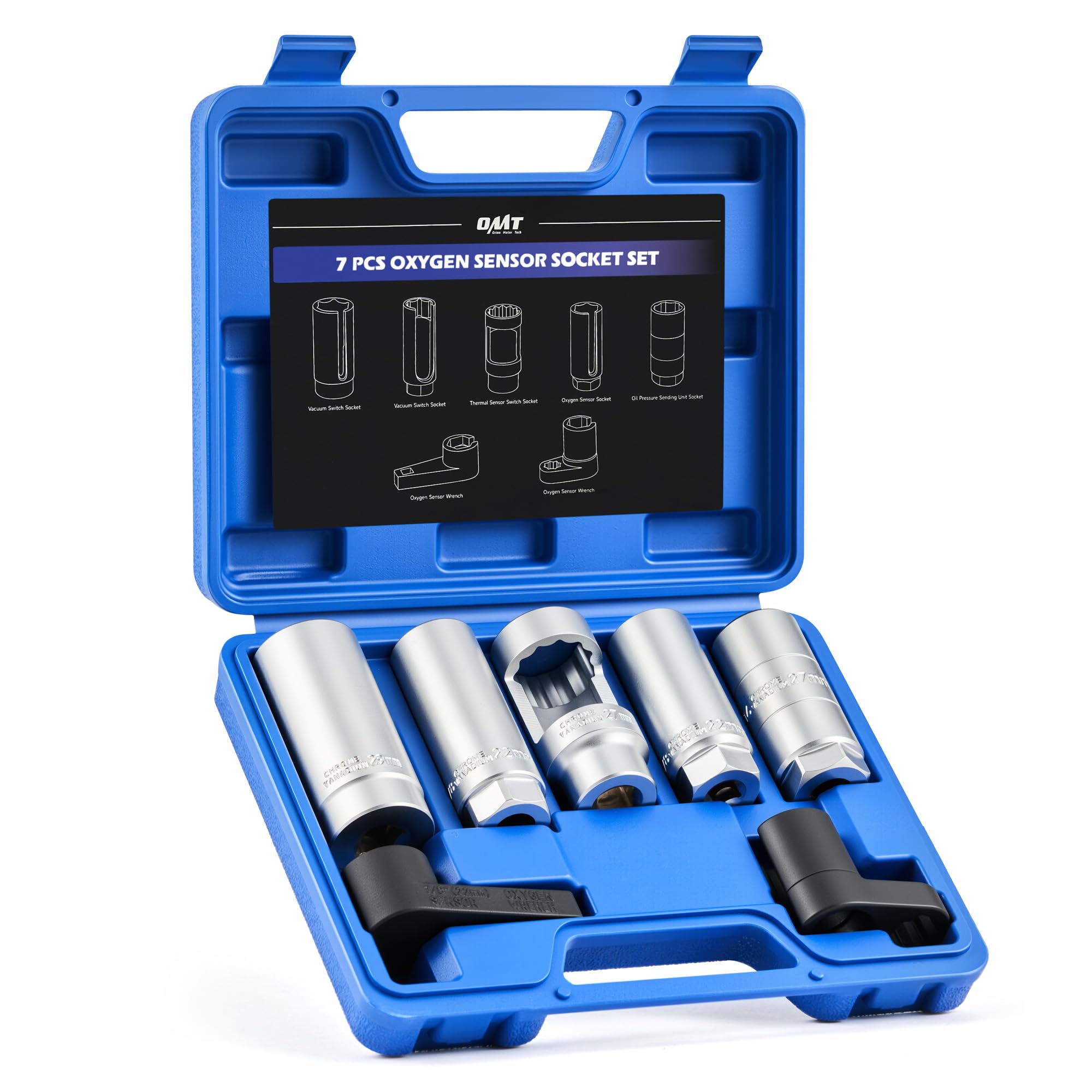 Orion Motor Tech 7pc Oxygen Sensor Socket Set, 1/2 & 3/8 in. Drive O2 Sensor Removal Set with 22 mm 27 mm 29 mm Sockets, Oxygen 