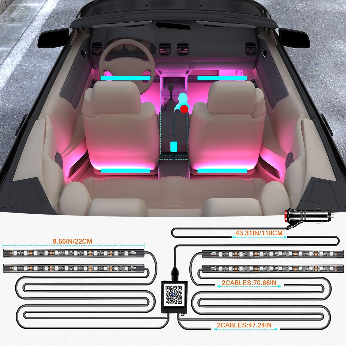 Yilaie Car Lights Interior, Rgb Car Strip Light Under Dash Lighting Kit With App Control And Music Sync, Multicolor Neon Interio