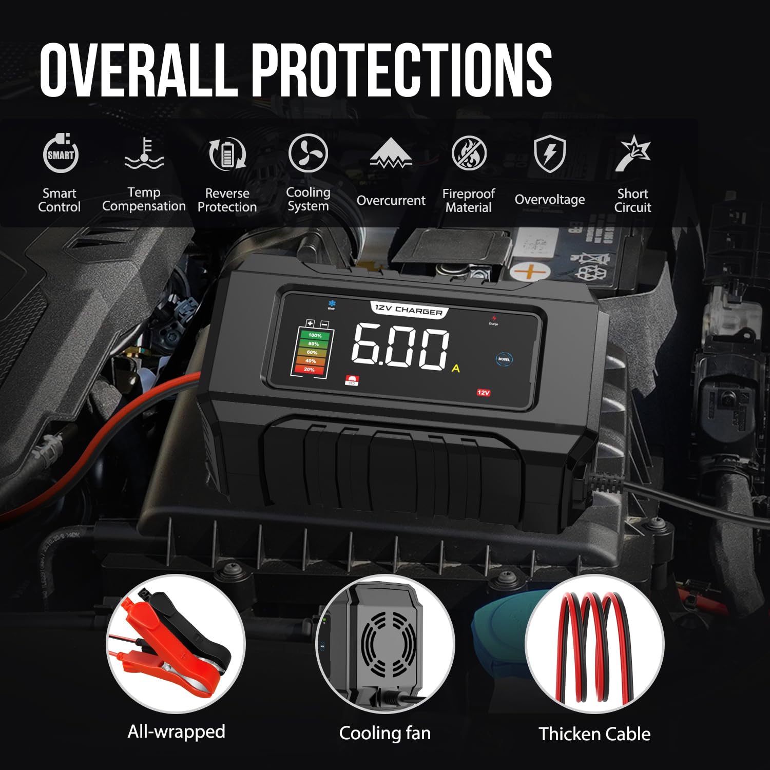 Nexpeak Nc101 Pro 6-Amp Battery Charger, 12V Smart Car Battery Trickle Charger Portable 8-Stage Automotive Battery Charger Maint