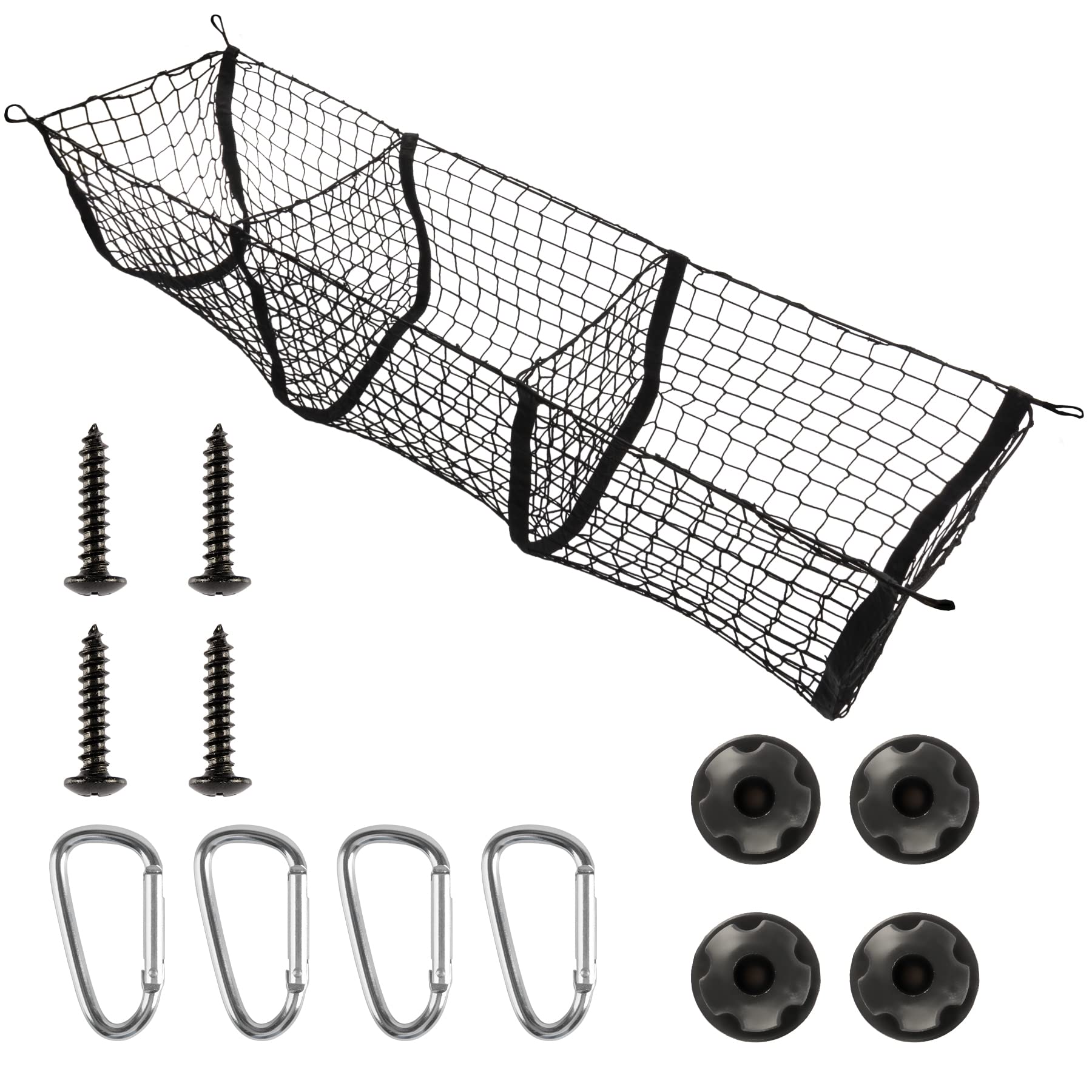 Amiss Heavy Duty Mesh Cargo Net, 3 Pocket Trunk Bed Storage Organizer Compatible For Suv, Car, Pickup Truck Bed, Etc.With 4 Meta