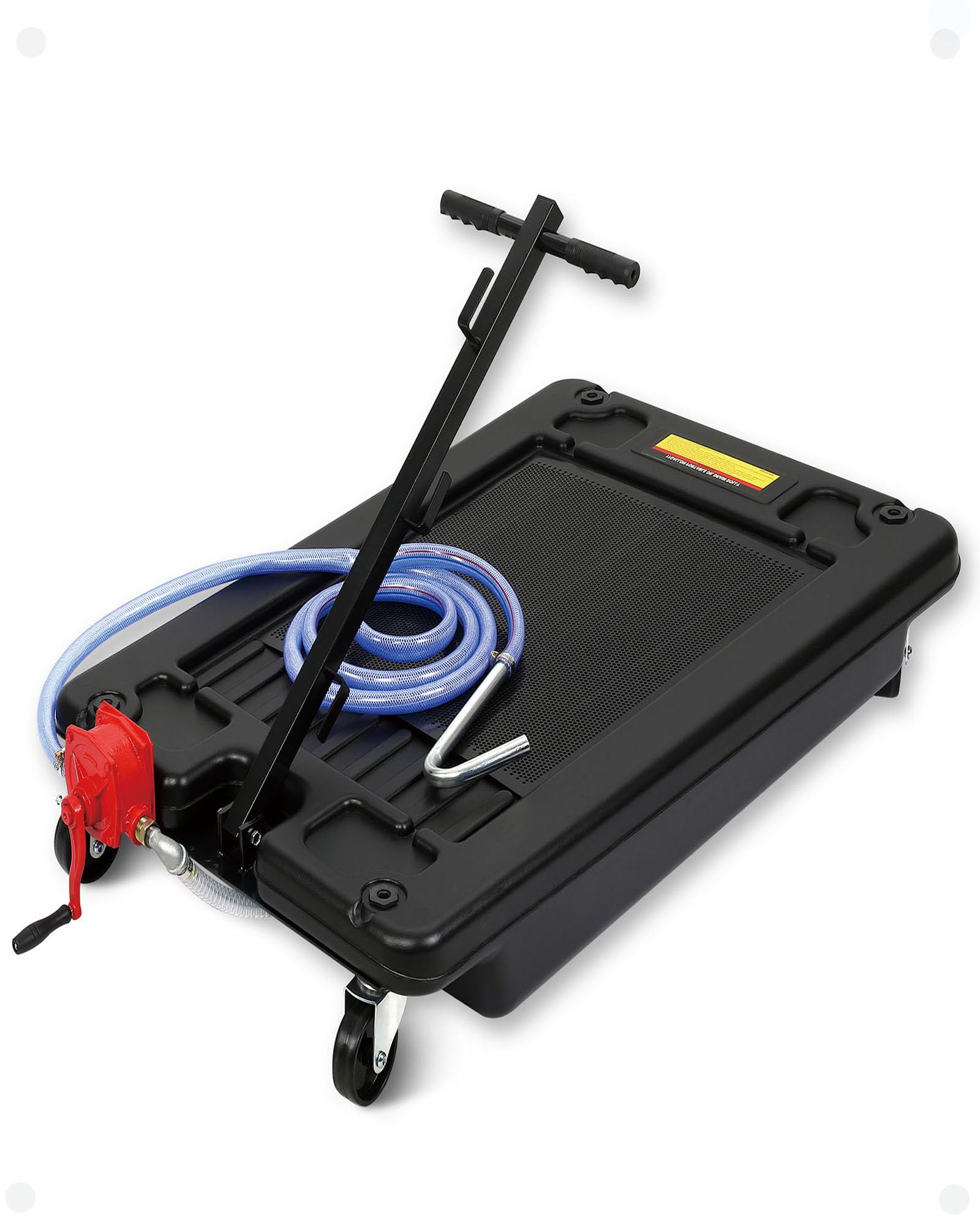 DEXSO 17 Gallon Oil Drain Pan with Pump & 8 Ft Hose, Low Profile & T Folding Handle Rolling Oil Drain Cart for Truck Cars SUVs