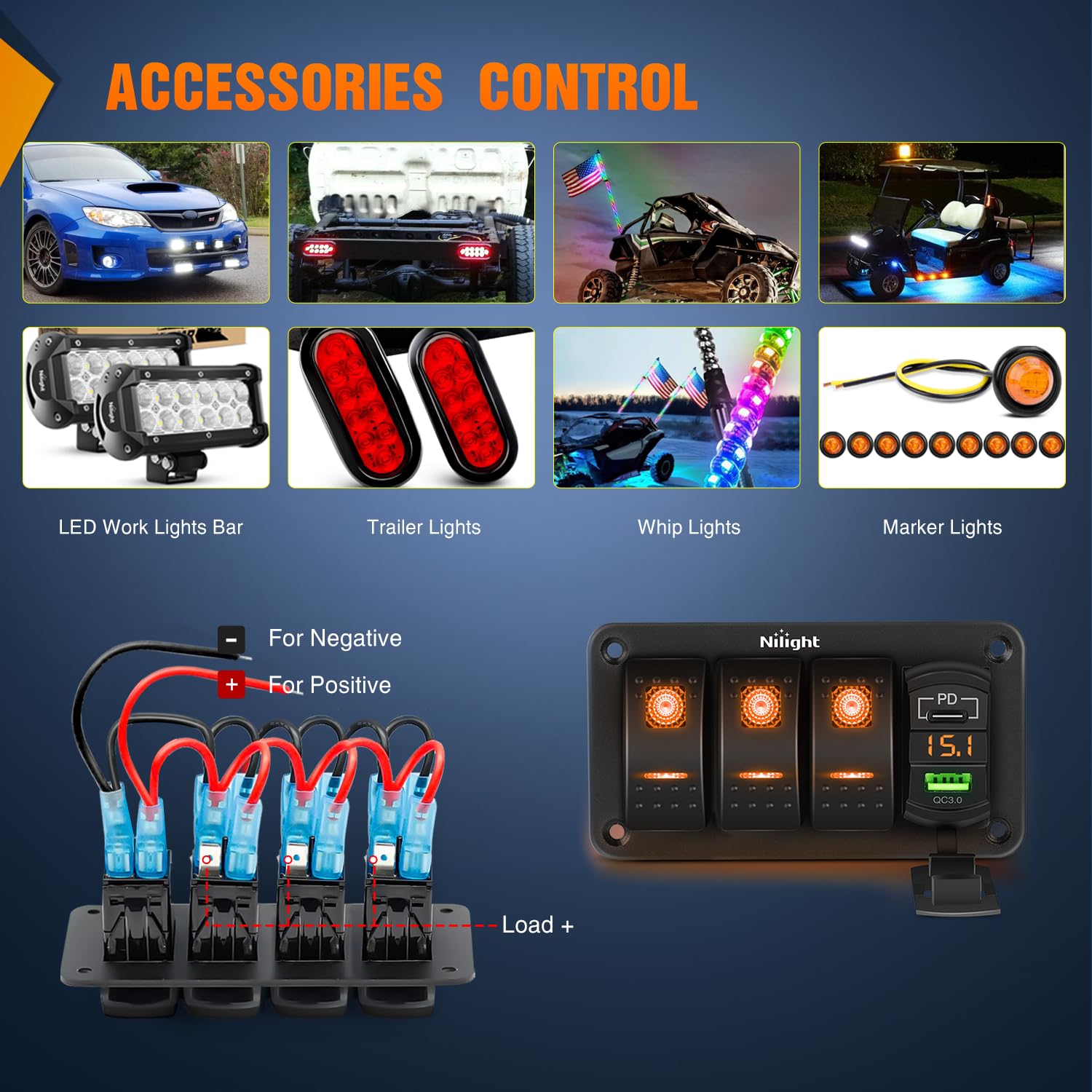 Nilight 3 Gang Rocker Switch Panel With Pd Type C And Usb Charger Voltmeter 12V Spst On Off Toggle Switches With Orange Backlit