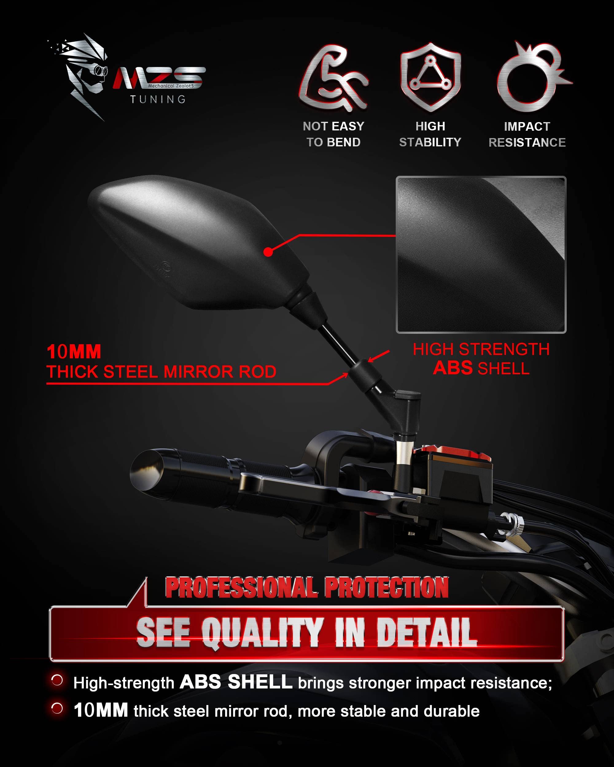 Mzs Motorcycle Mirrors Rear View Side 8Mm 10Mm Black Universal Compatible With Street Dirt Bike Quad Adventure Scooter Coolster