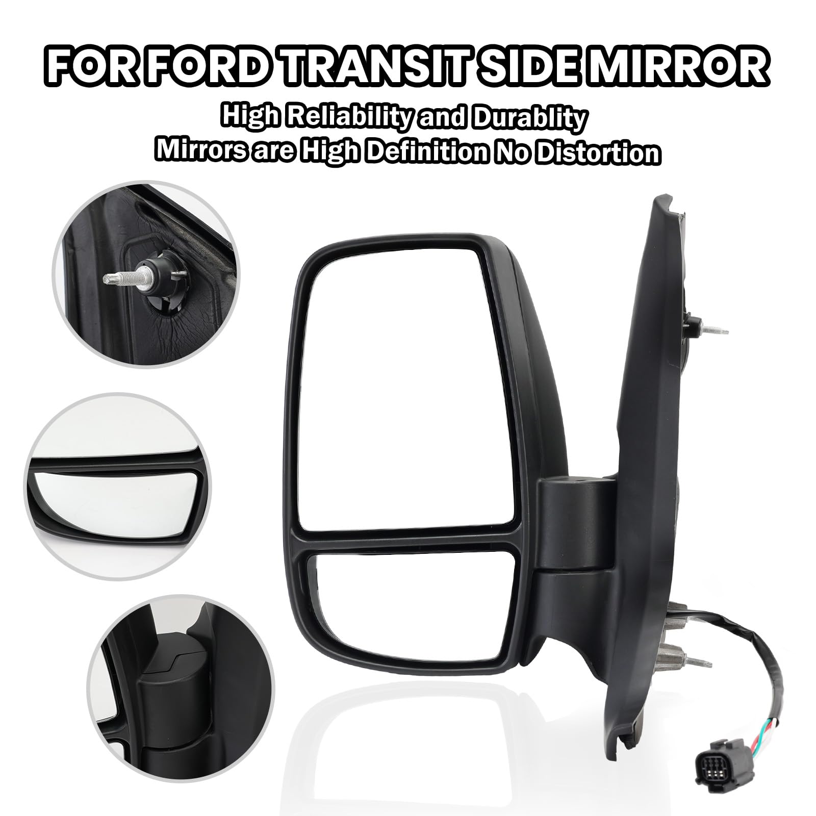 MOFOAP Driver Side Mirror Assembly for 2015-2025 Ford Transit, Towing Power Glass, Black, Short Arm, 3 Pins Without Indicator