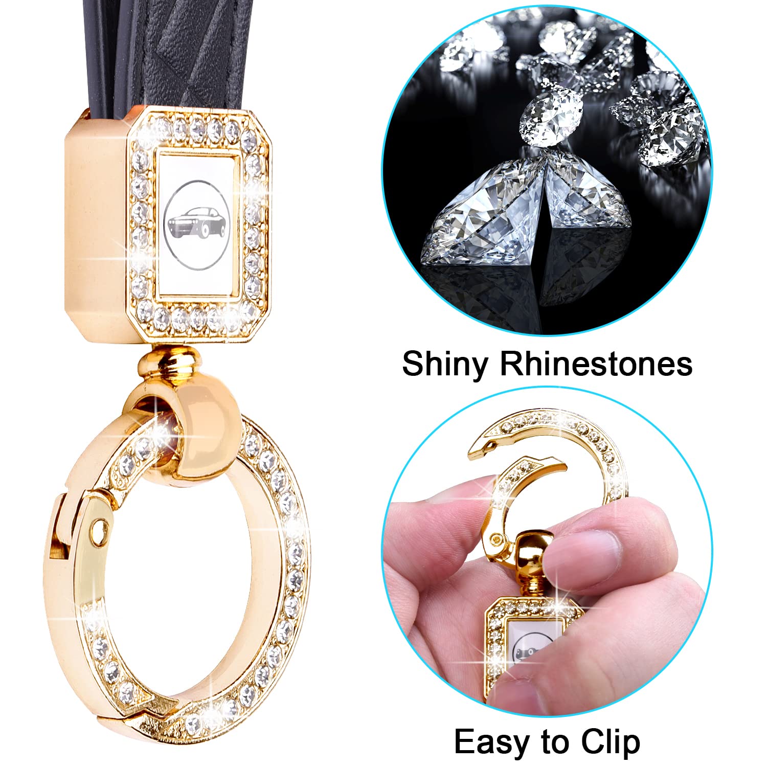 Wisdompro Bling Leather Car Keychain, Universal Microfiber Leather Key Fob Keychain Key Chain Holder Accessories With Sparkly Rhinestones, Anti-Lost D-Ring And 2 Key Rings For Men And Women - Black