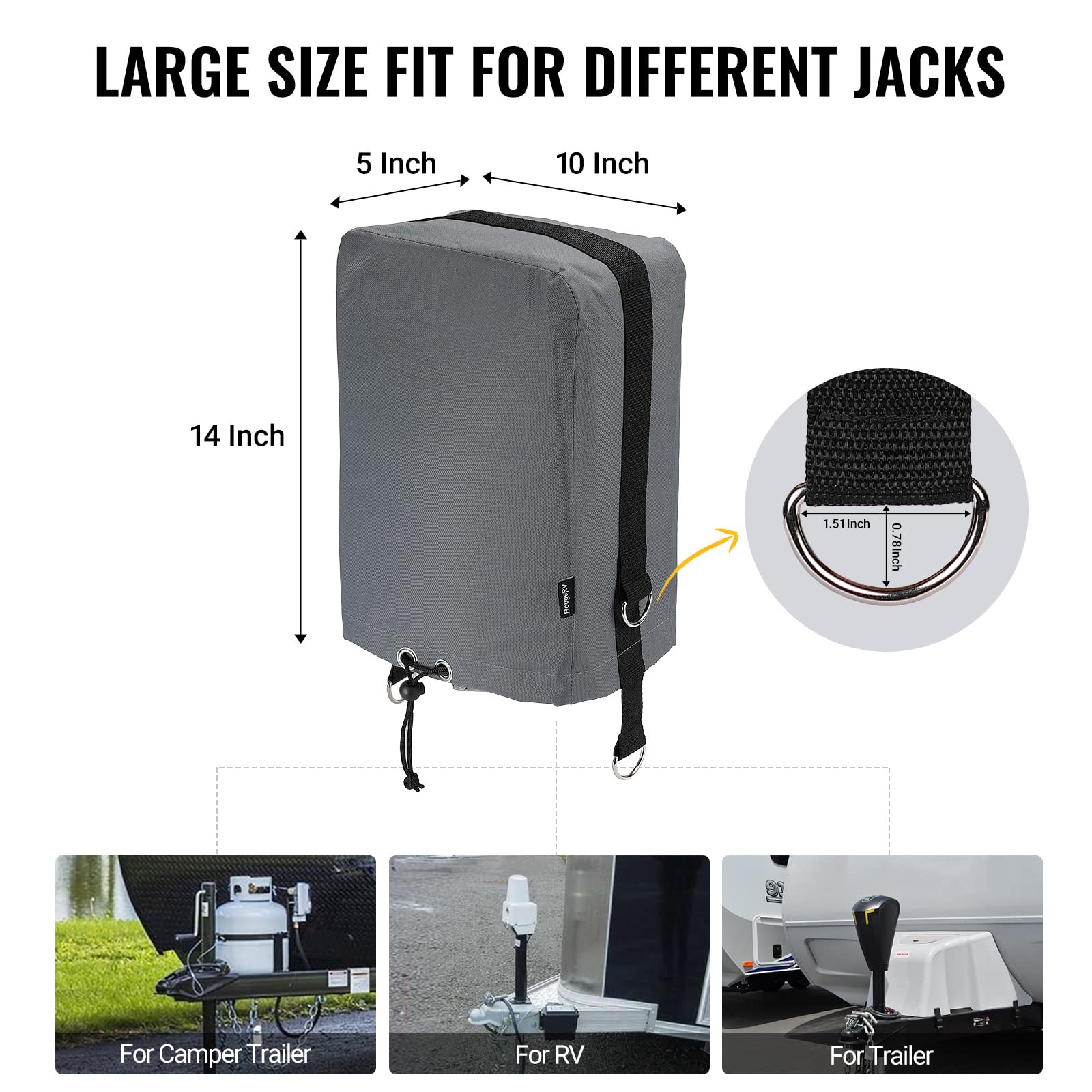 BougeRV RV Electric Tongue Jack Cover, 600D Universal Grey Protective Cover with D Rings, Model IRV083