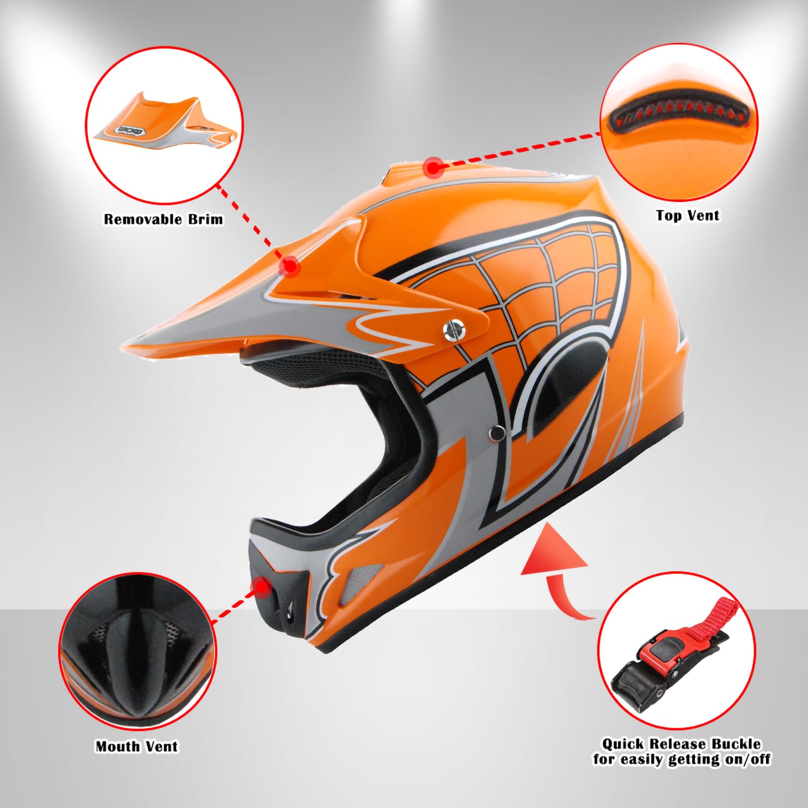 Wow Youth Motocross Helmet Bmx Mx Atv Dirt Bike Helmet Spider Web Orange + Goggles + Martian Skull Orange Glove Bundle