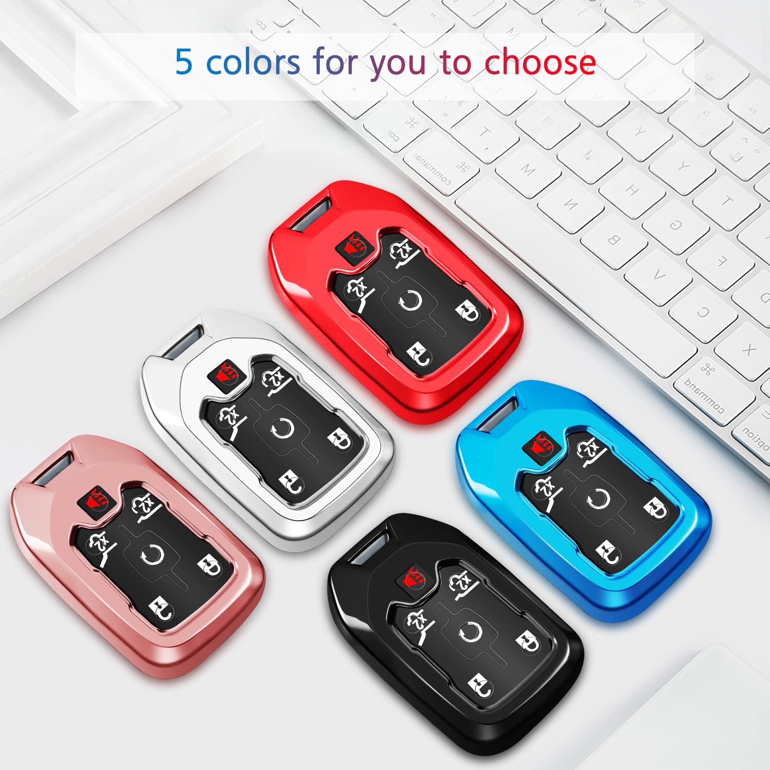 Qbuc For Gmc Key Fob Cover Tpu Protector Case With Keychain For 2019-2021 Chevrolet Chevy Silverado And Gmc Sierra 1500 2500Hd 3500Hd Terrain Acadia Yukon Key Cover Smart Remote 3/4/5/6 Button(Pink)
